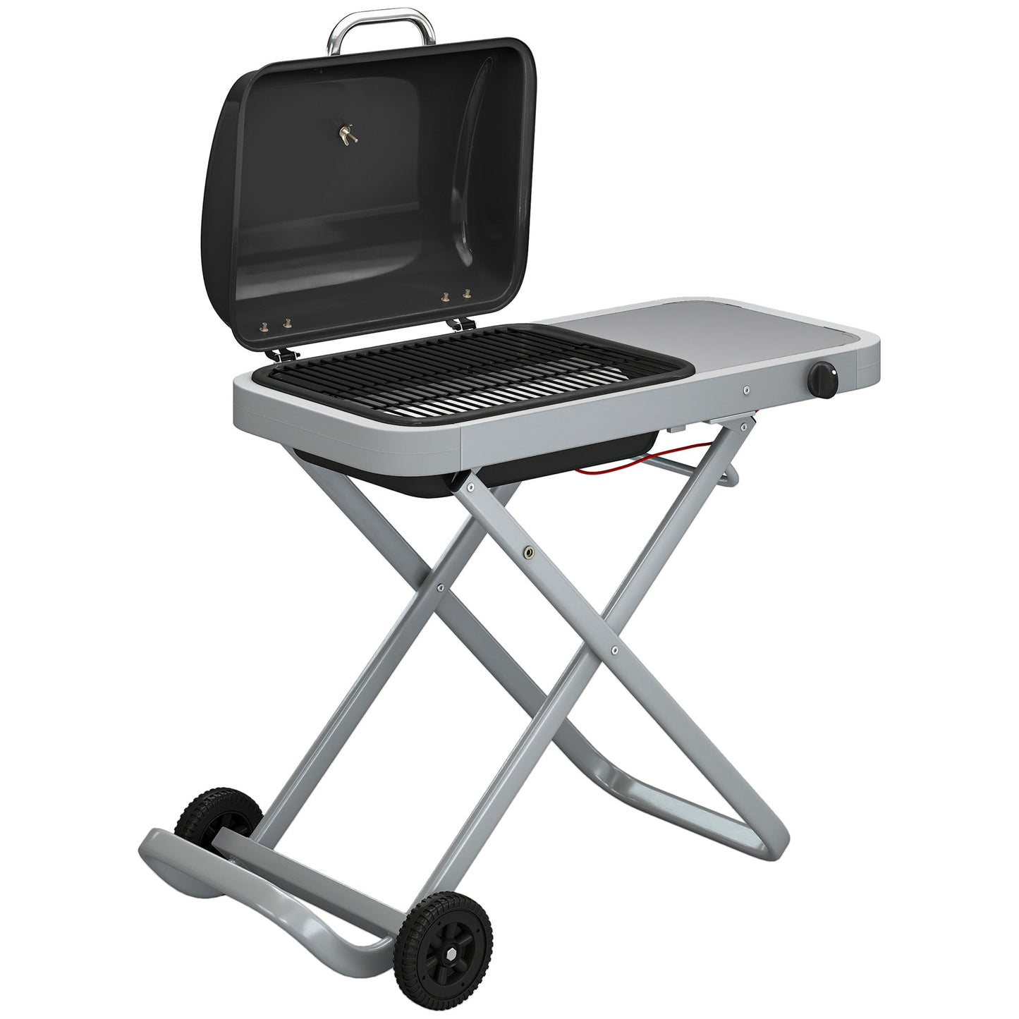 Foldable Gas BBQ Grill with Side Table, Portable Gas Barbecue Grill with Folding Trolley, Thermometer, Grease Box, Wheels for Garden Party Camping Picnic Outdoor Cooking, 2.5 kW, Black