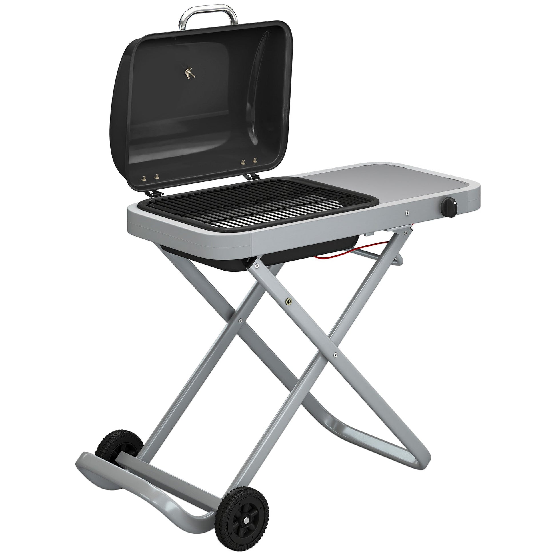 Foldable Gas BBQ Grill with Side Table, Portable Gas Barbecue Grill with Folding Trolley, Thermometer, Grease Box, Wheels for Garden Party Camping Picnic Outdoor Cooking, 2.5 kW, Black