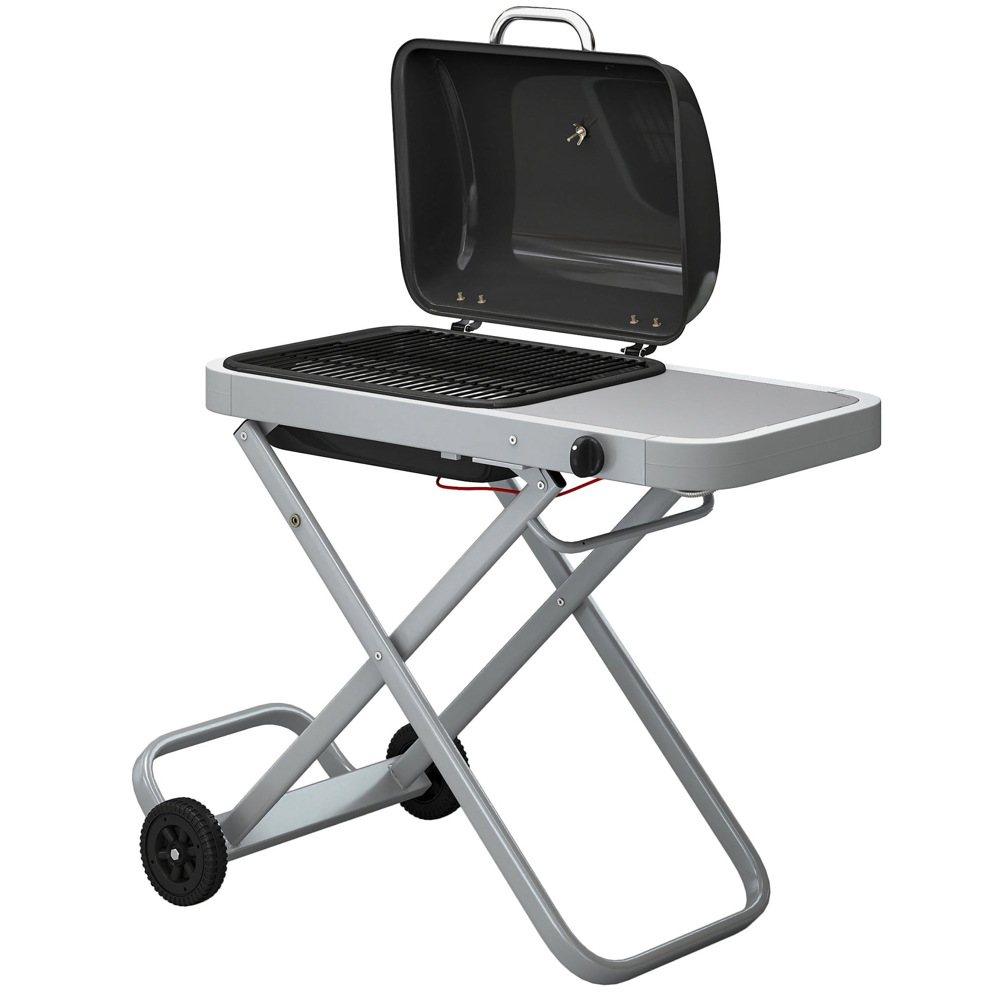 Foldable Gas BBQ Grill with Side Table, Portable Gas Barbecue Grill with Folding Trolley, Thermometer, Grease Box, Wheels for Garden Party Camping Picnic Outdoor Cooking, 2.5 kW, Black
