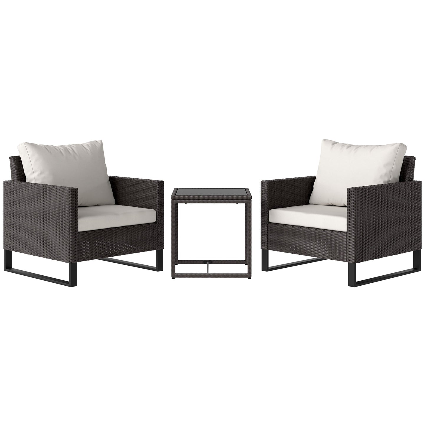 3 Pieces Rattan Bistro Set with 4 Cushions, Wicker Garden Furniture Set, Glass Top Coffee Table and Chairs for Outdoor Patio, Balcony, Terrace and Conservatory, Brown