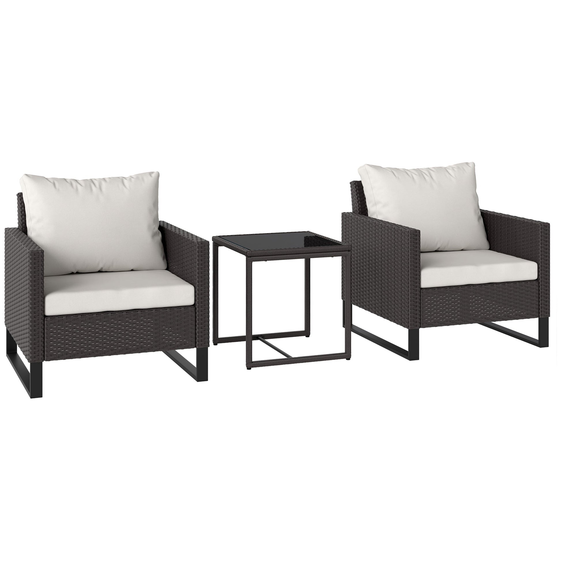 3 Pieces Rattan Bistro Set with 4 Cushions, Wicker Garden Furniture Set, Glass Top Coffee Table and Chairs for Outdoor Patio, Balcony, Terrace and Conservatory, Brown