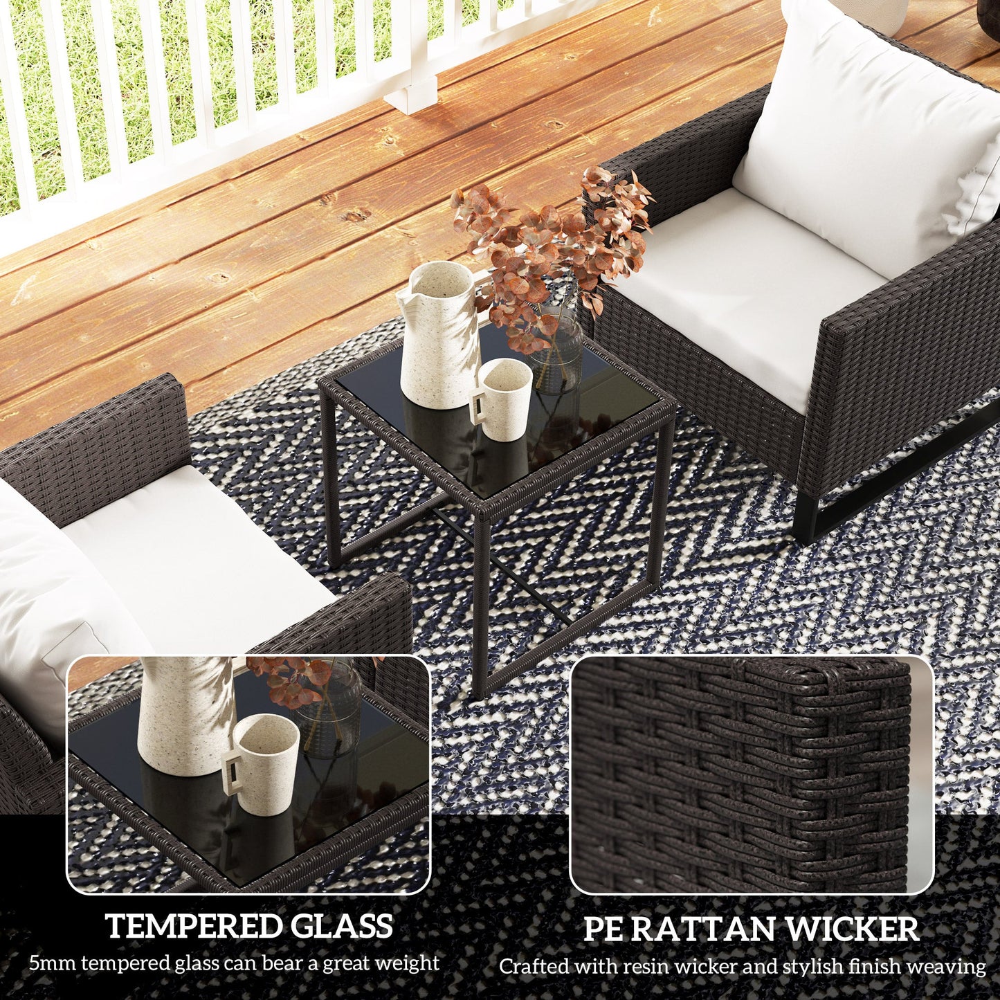 3 Pieces Rattan Bistro Set with 4 Cushions, Wicker Garden Furniture Set, Glass Top Coffee Table and Chairs for Outdoor Patio, Balcony, Terrace and Conservatory, Brown