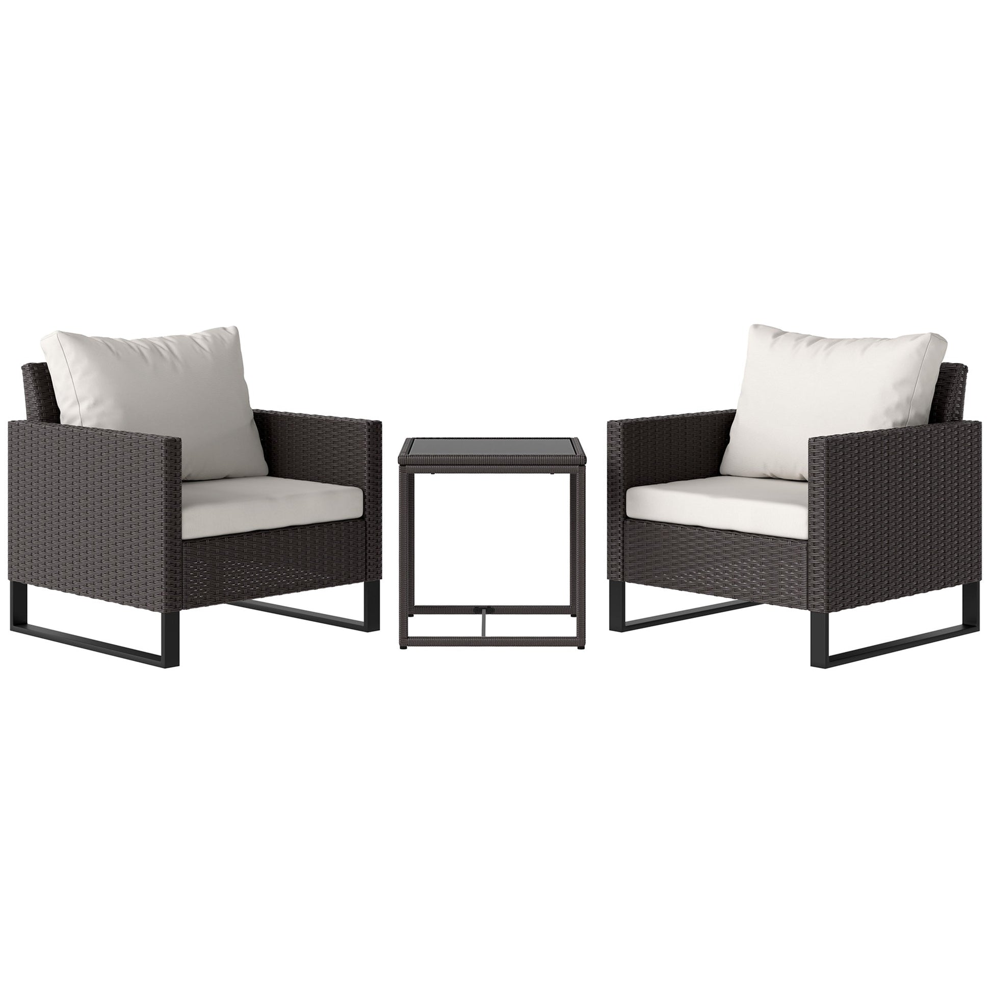 3 Pieces Rattan Bistro Set with 4 Cushions, Wicker Garden Furniture Set, Glass Top Coffee Table and Chairs for Outdoor Patio, Balcony, Terrace and Conservatory, Brown