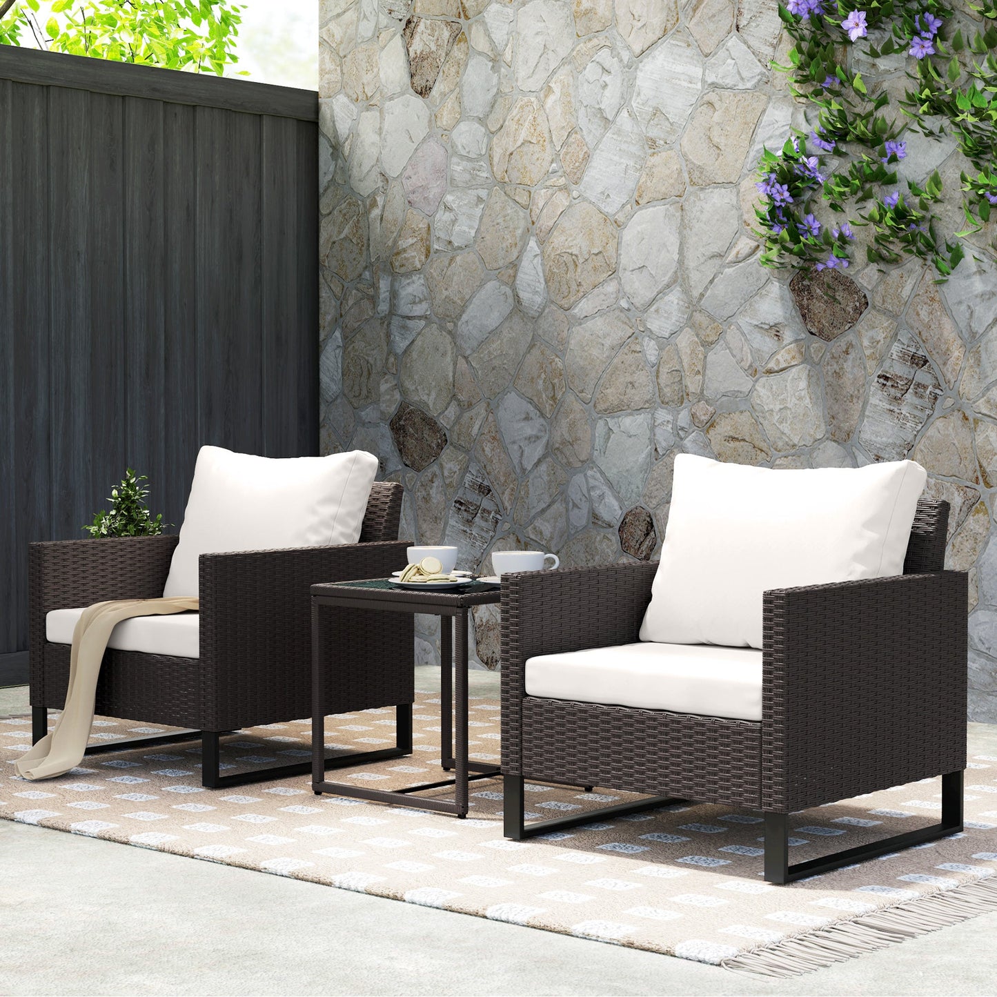 3 Pieces Rattan Bistro Set with 4 Cushions, Wicker Garden Furniture Set, Glass Top Coffee Table and Chairs for Outdoor Patio, Balcony, Terrace and Conservatory, Brown