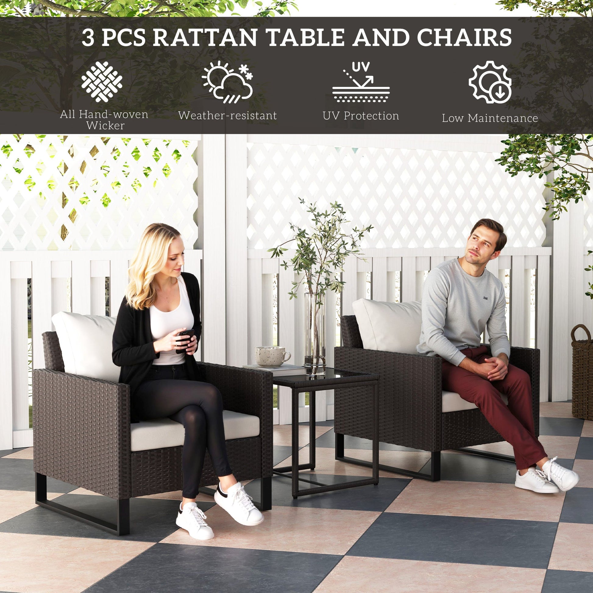 3 Pieces Rattan Bistro Set with 4 Cushions, Wicker Garden Furniture Set, Glass Top Coffee Table and Chairs for Outdoor Patio, Balcony, Terrace and Conservatory, Brown