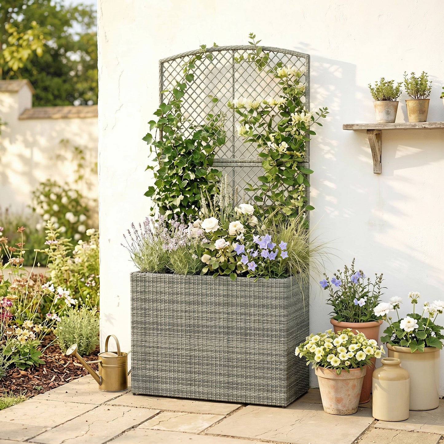 Garden Planter with Trellis, Rattan Raised Beds for Garden with Liner, Freestanding Outdoor Planter Box for Climbing Plants, Herbs, Vegetables, Flowers, 80 x 30 x 163 cm, Dark Grey
