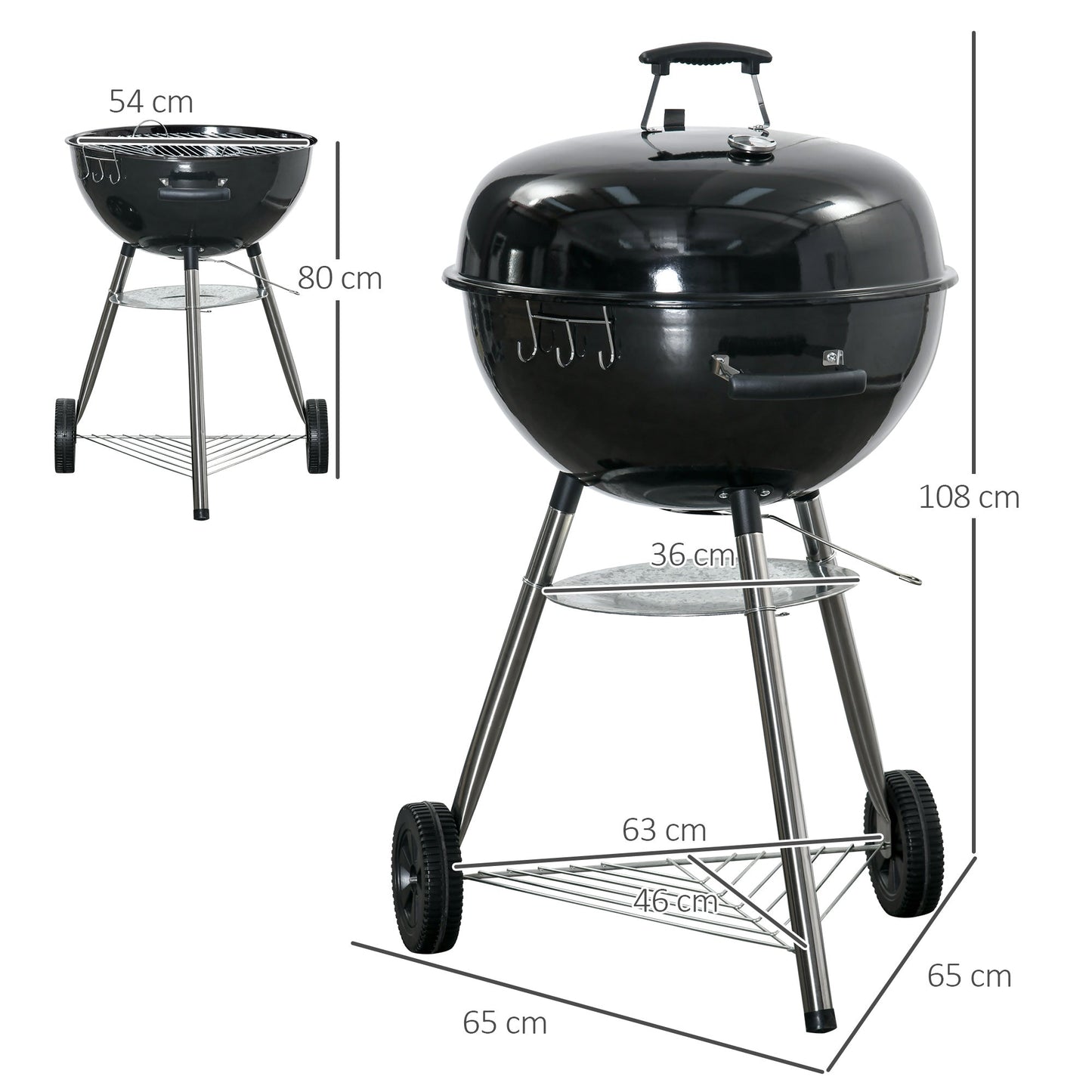 Portable Kettle Charcoal Grill BBQ Smoker with Cover, Outdoor Round Barbecue with Lid, Thermometer, Turner, Knife, Clip, Storage Shelf, & Wheels for Party Patio Garden