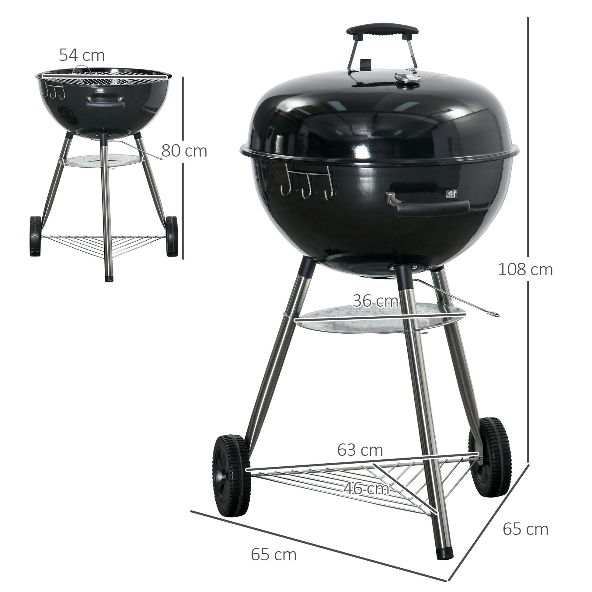 Portable Kettle Charcoal Grill BBQ Smoker with Cover, Outdoor Round Barbecue with Lid, Thermometer, Turner, Knife, Clip, Storage Shelf, & Wheels for Party Patio Garden