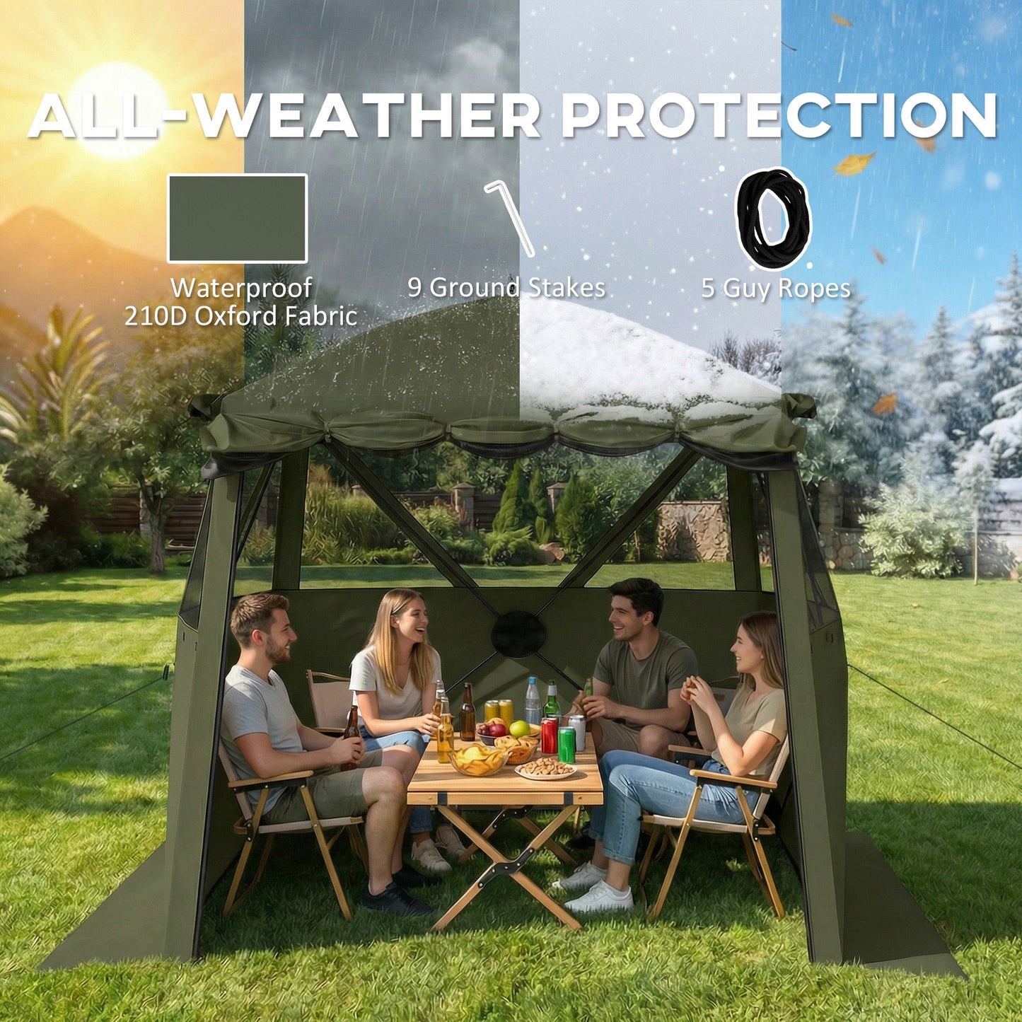 2 x 2 m Pop Up Gazebo with Awning, Waterproof Instant Shelter for Garden BBQ, Fishing, Camping, Easy Setup Garden Gazebo with Sides, Mesh Windows & Carry Bag, Army Green