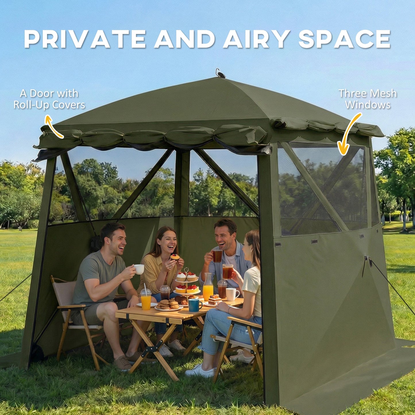 2 x 2 m Pop Up Gazebo with Awning, Waterproof Instant Shelter for Garden BBQ, Fishing, Camping, Easy Setup Garden Gazebo with Sides, Mesh Windows & Carry Bag, Army Green