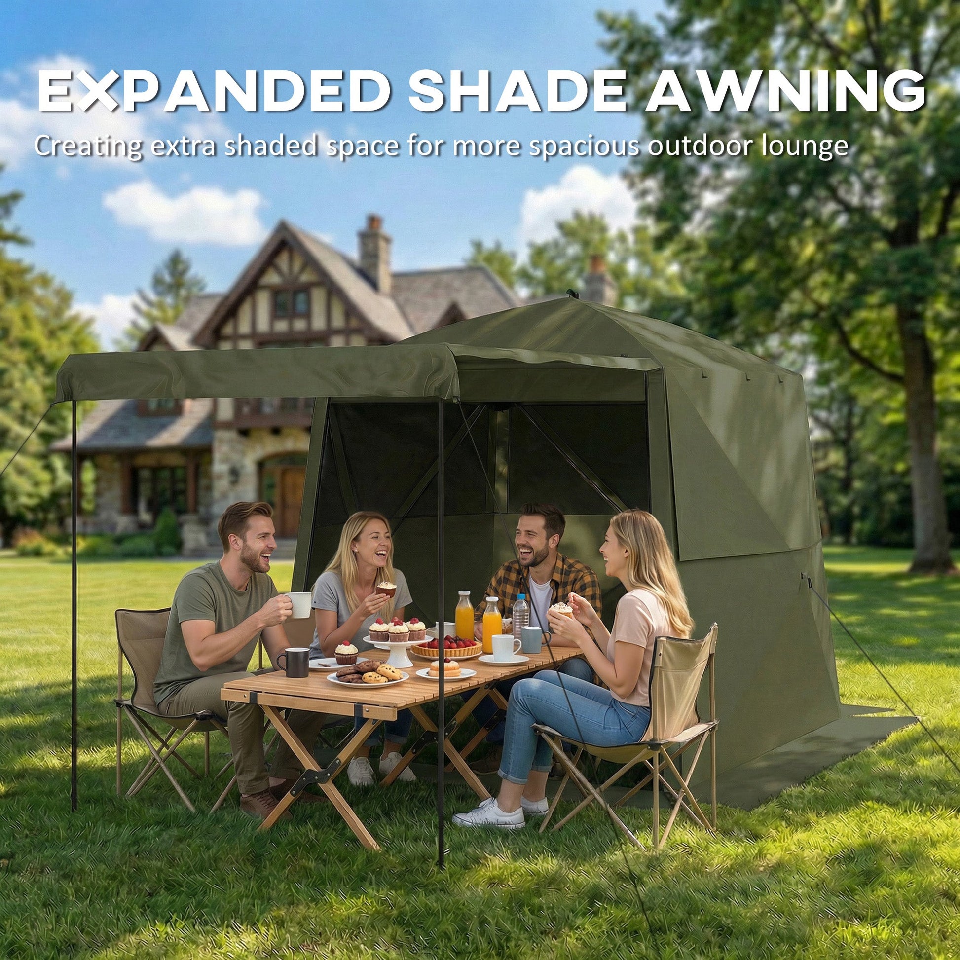 2 x 2 m Pop Up Gazebo with Awning, Waterproof Instant Shelter for Garden BBQ, Fishing, Camping, Easy Setup Garden Gazebo with Sides, Mesh Windows & Carry Bag, Army Green