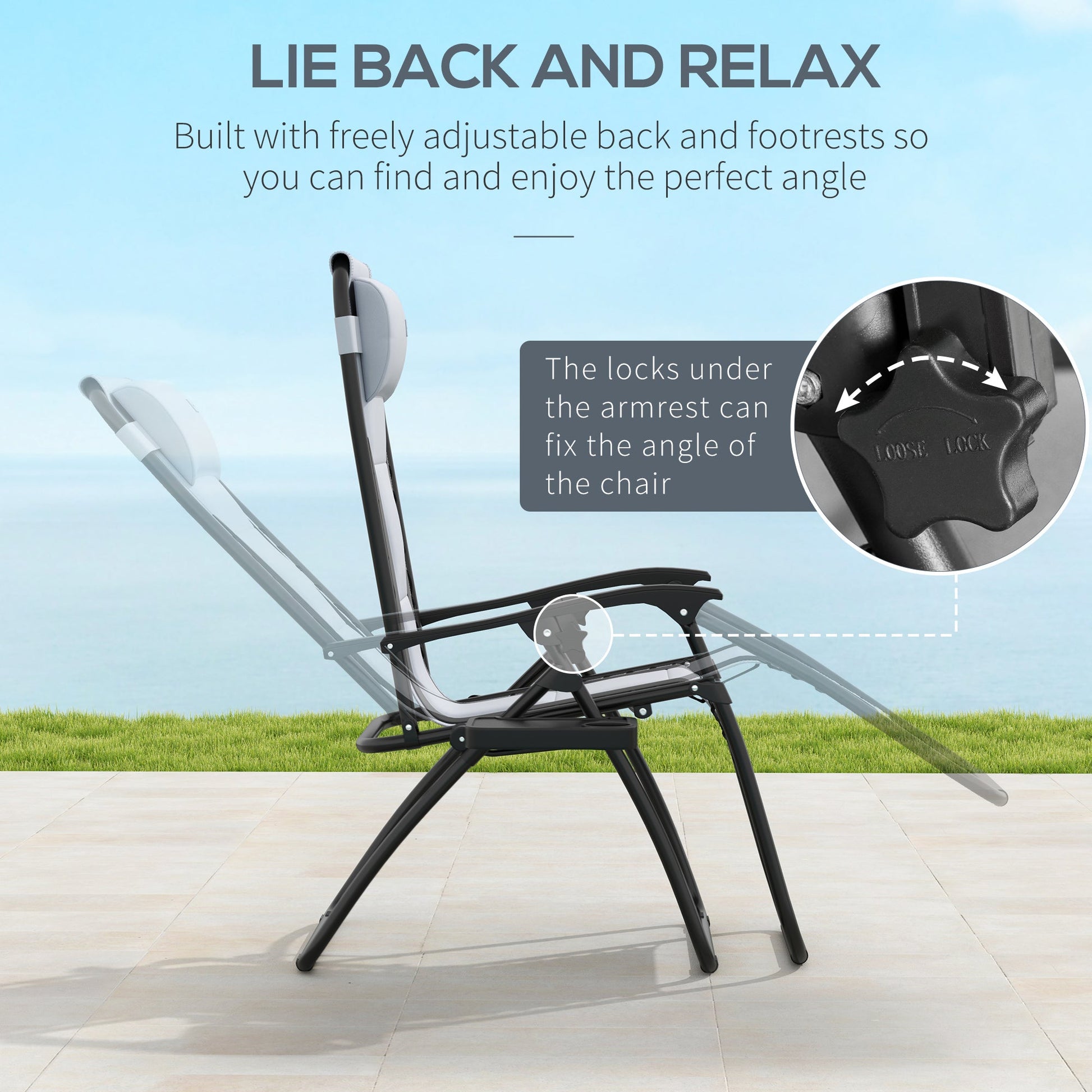 Zero Gravity Lounger Chair Set of 2, Folding Reclining Patio Chair with Padded Seat, Cup Holder, Soft Cushion and Headrest for Poolside, Camping, Grey