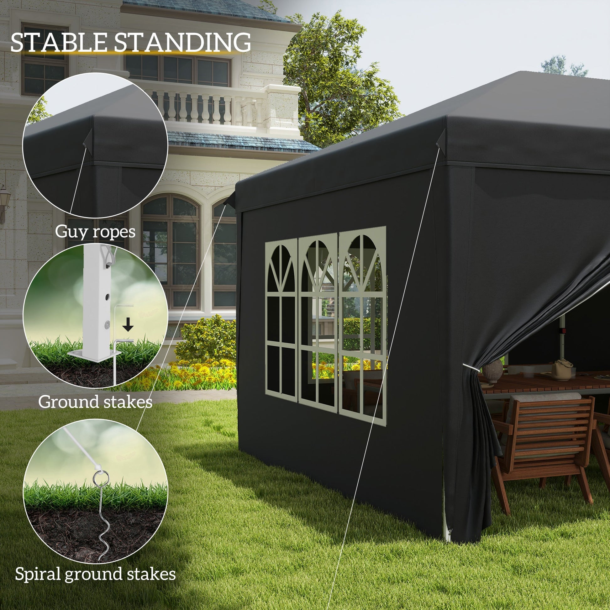 3 x 6 m Pop Up Gazebo with Sides and Windows, Height Adjustable Wedding Camping Party Tent Canopy Marquee with Storage Bag for Garden, Event, Black
