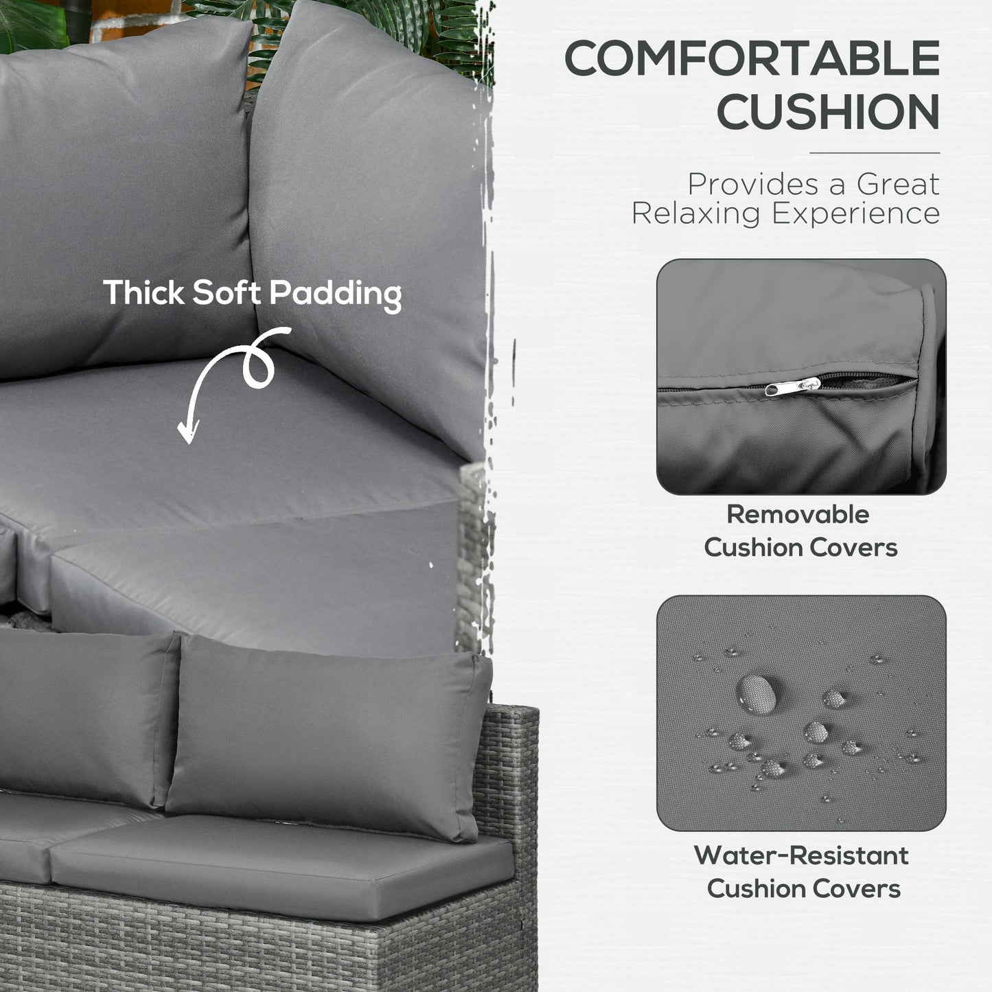 3 Pieces PE Rattan Garden Furniture Set with 10 cm Thick Cushions, 4 Seater Garden Corner Sofa Set with Glass Top Coffee Table, Outdoor Furniture for Patio, Porch, Grey