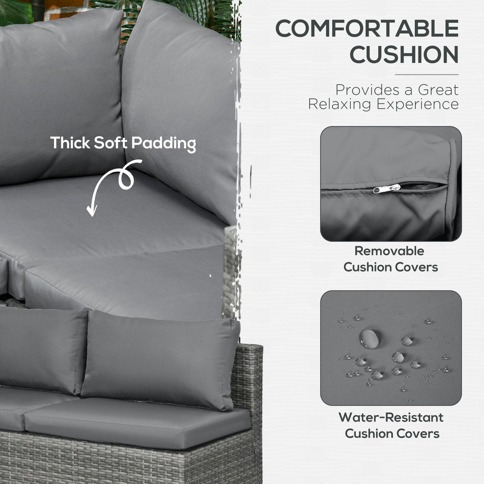 3 Pieces PE Rattan Garden Furniture Set with 10 cm Thick Cushions, 4 Seater Garden Corner Sofa Set with Glass Top Coffee Table, Outdoor Furniture for Patio, Porch, Grey