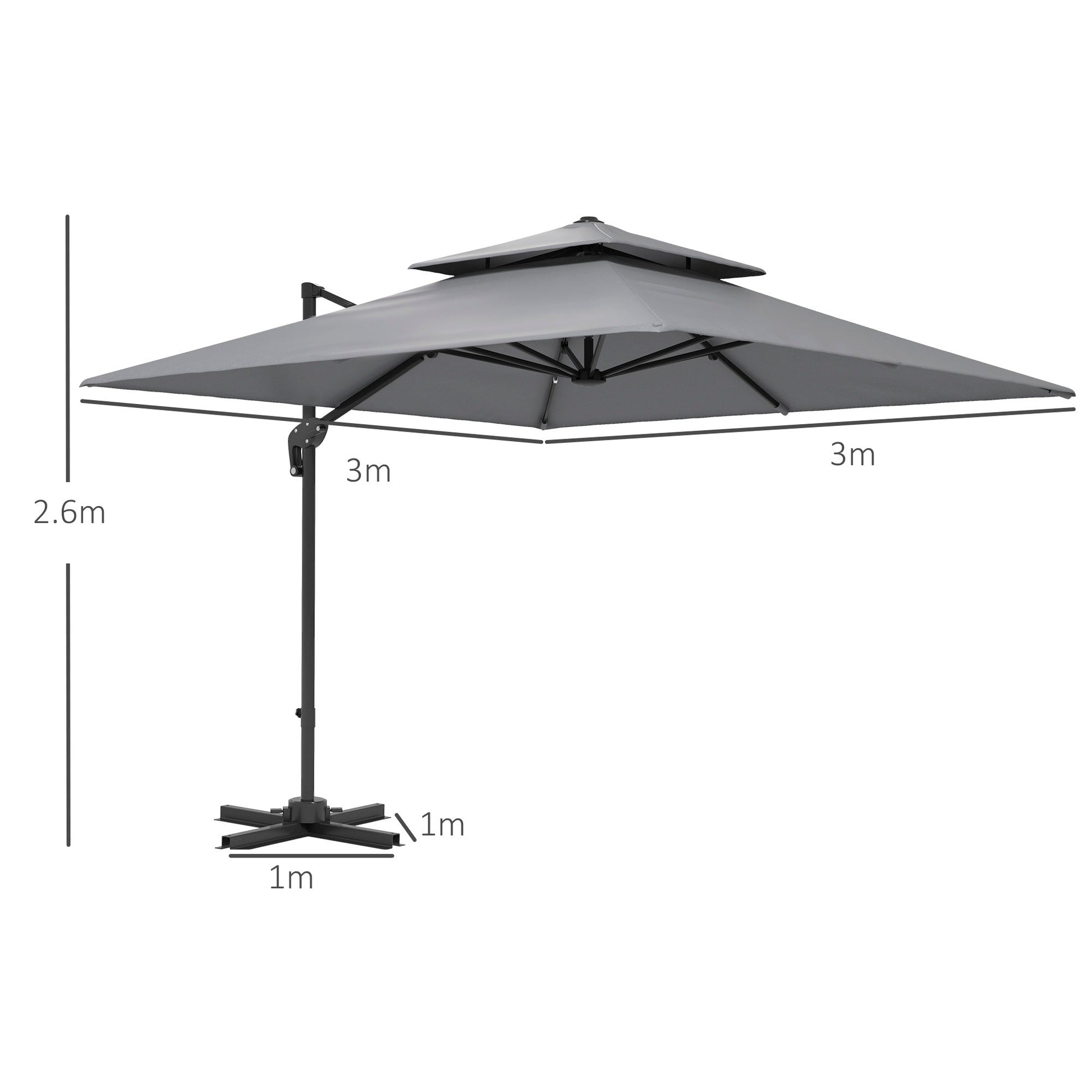 3 x 3(m) Cantilever Parasol with Aluminium Frame, Crank and Tilt, 360-Degree Rotation, Double Top Garden Umbrella with Cover (Only Cross Base), Light Grey