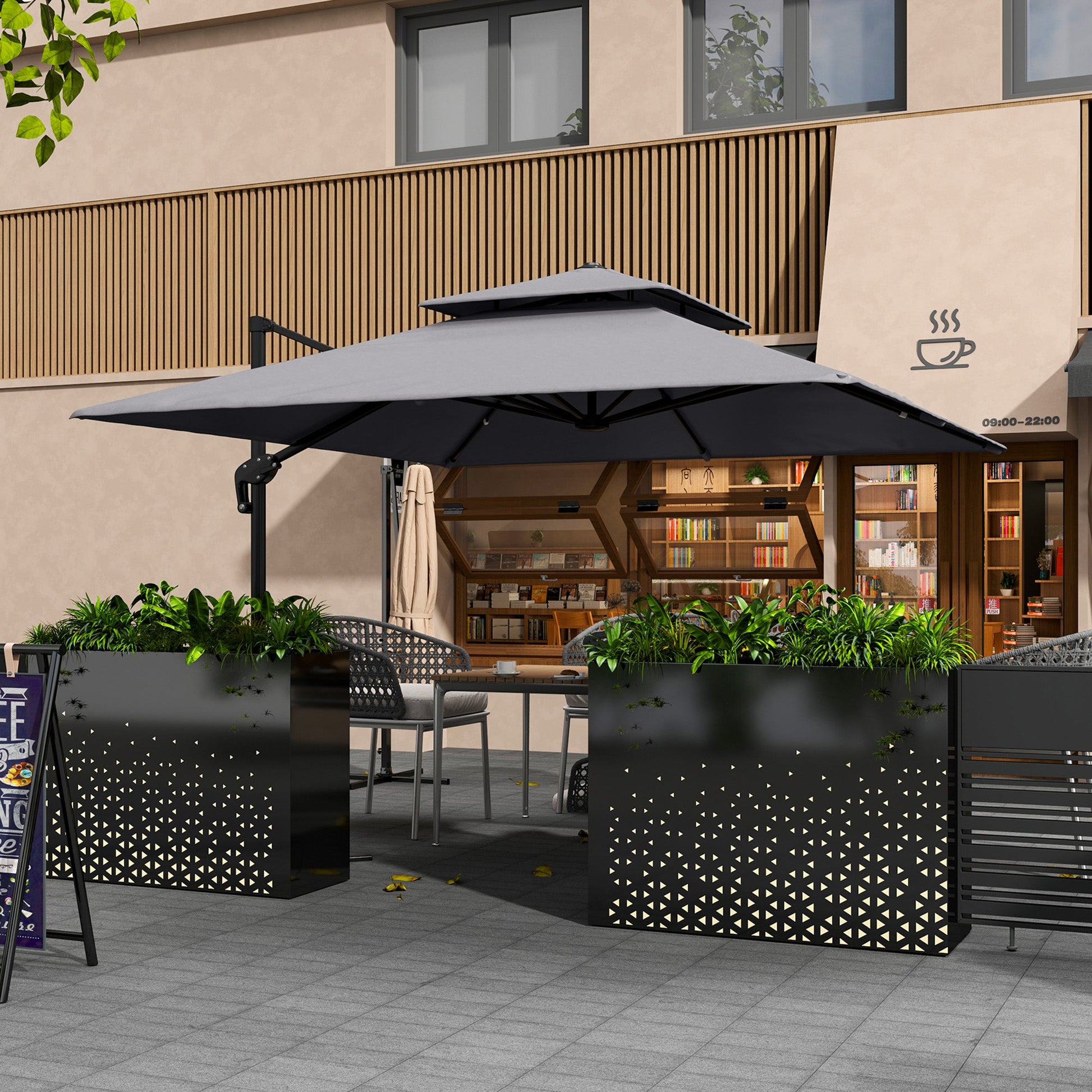 3 x 3(m) Cantilever Parasol with Aluminium Frame, Crank and Tilt, 360-Degree Rotation, Double Top Garden Umbrella with Cover (Only Cross Base), Light Grey