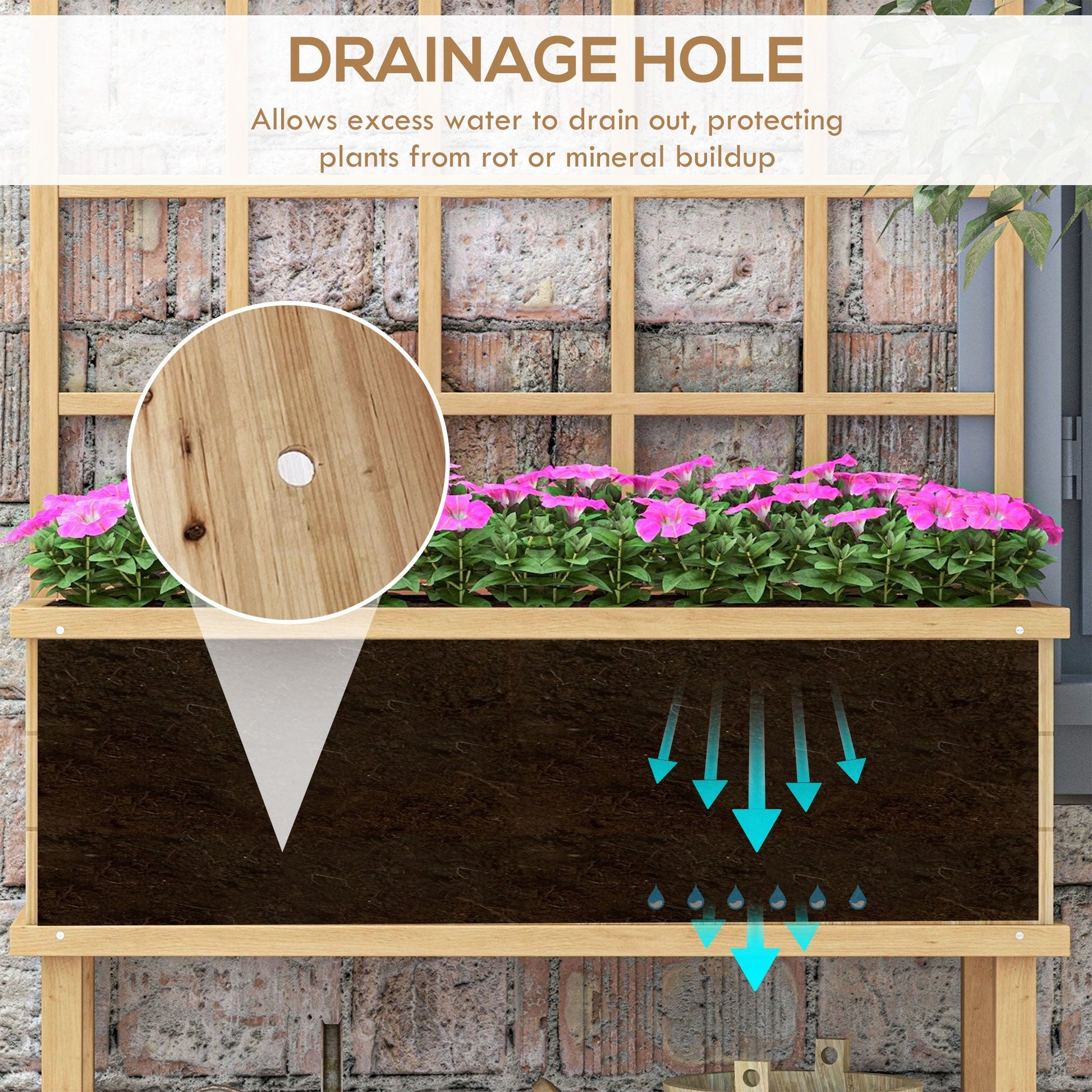 Wooden Raised Planter with Trellis for Vine Climbing Plants, Elevated Garden Bed with Drainage Holes and Bed Liner for Vegetables, Flowers, Herbs, 105 x 45 x 140cm, Natural