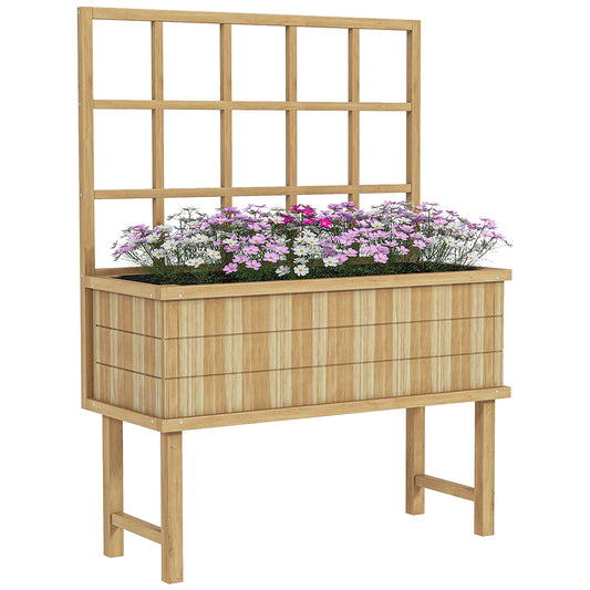 Wooden Raised Planter with Trellis for Vine Climbing Plants, Elevated Garden Bed with Drainage Holes and Bed Liner for Vegetables, Flowers, Herbs, 105 x 45 x 140cm, Natural