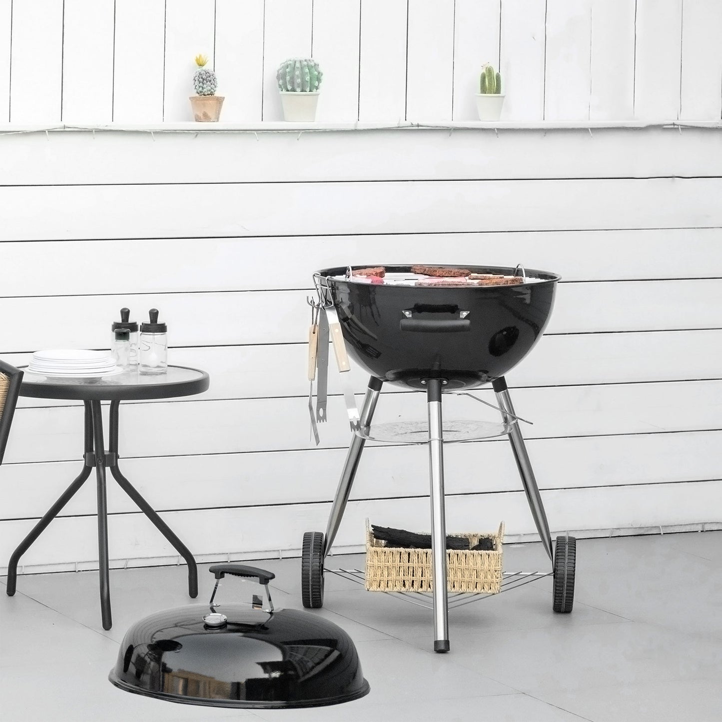 Portable Kettle Charcoal Grill BBQ Smoker with Cover, Outdoor Round Barbecue with Lid, Thermometer, Turner, Knife, Clip, Storage Shelf, & Wheels for Party Patio Garden
