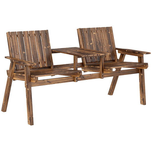 2-Seater Wooden Garden Bench, Antique Loveseat Chair with Table & Parasol Hole, Outdoor Bench for Porch, Patio, Carbonised Finish