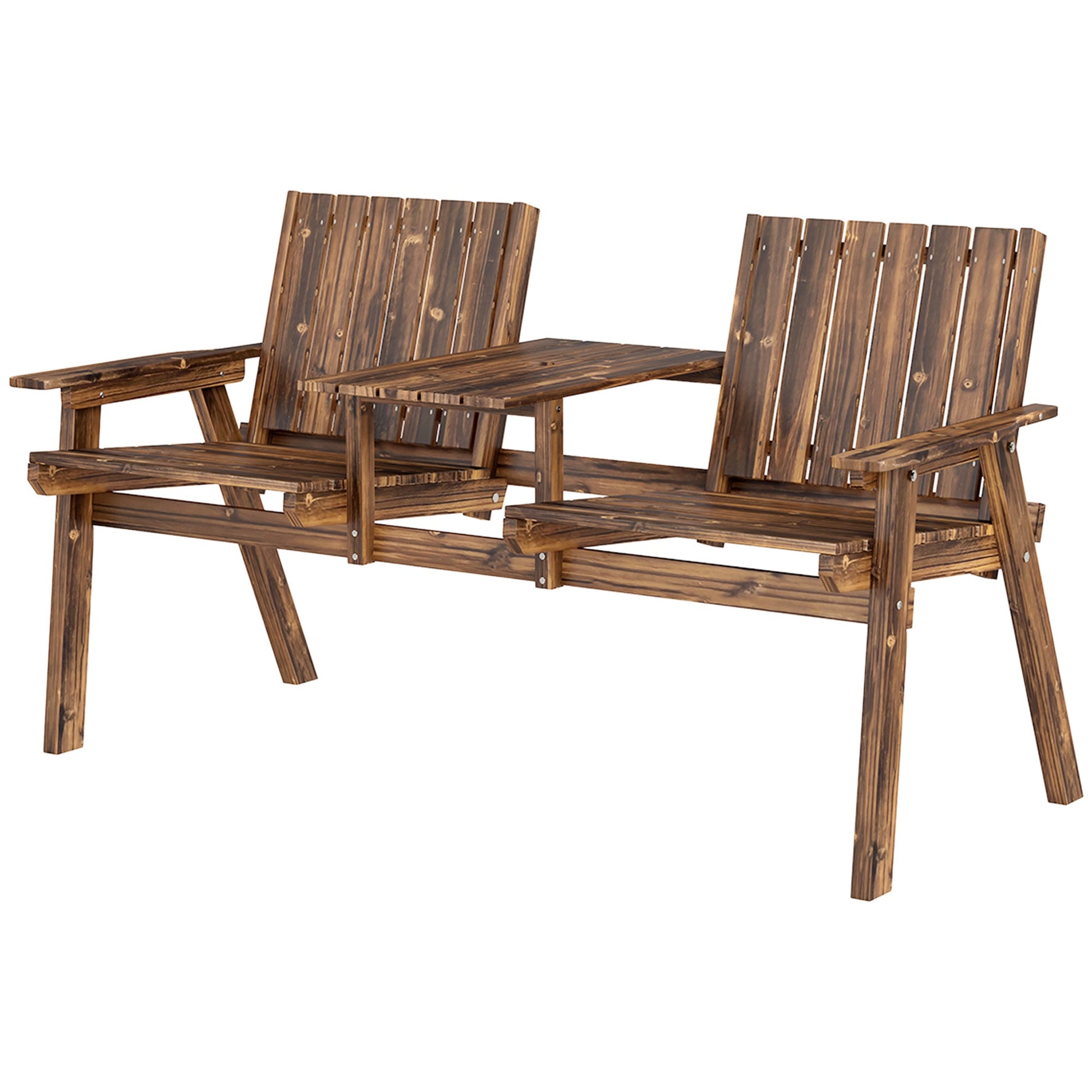 2-Seater Wooden Garden Bench, Antique Loveseat Chair with Table & Parasol Hole, Outdoor Bench for Porch, Patio, Carbonised Finish