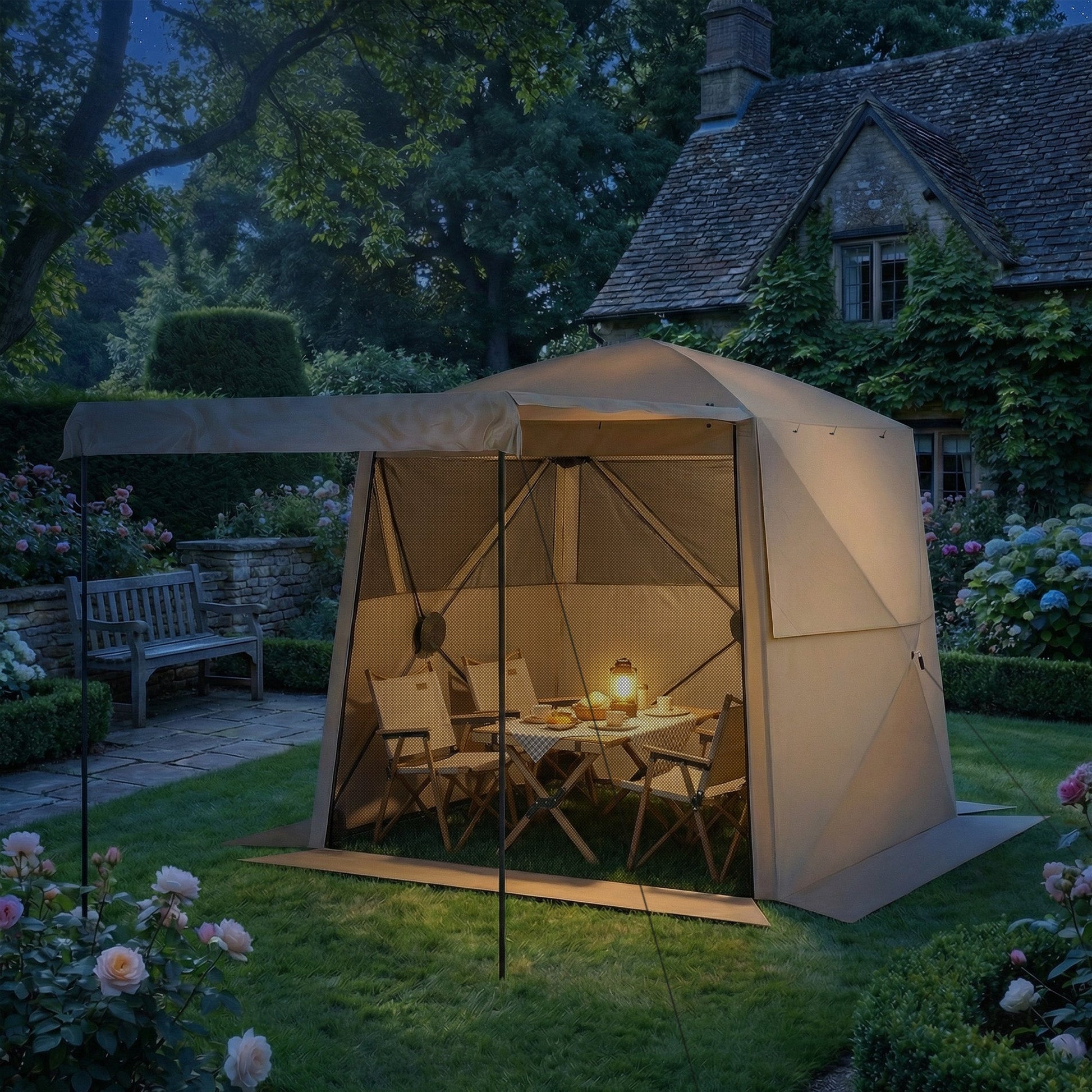 2 x 2 m Pop Up Gazebo with Awning, Waterproof Instant Shelter for Garden BBQ, Fishing, Camping, Easy Setup Garden Gazebo with Sides, Mesh Windows & Carry Bag, Khaki