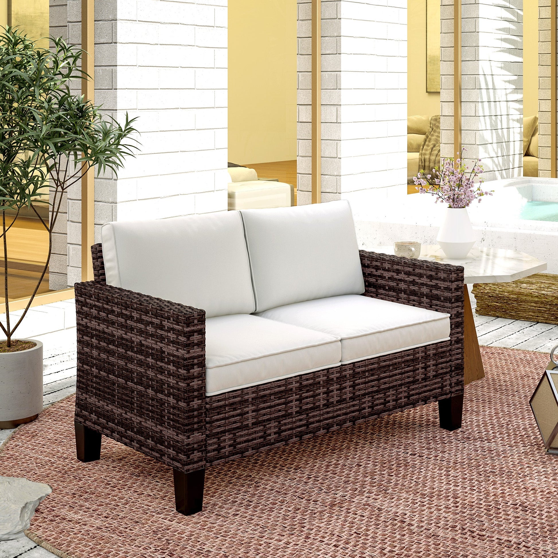 2 Seater Rattan Sofa with Cushions, Wicker Garden Loveseat with Armrests, Outdoor Garden Sofa Couch with Steel Frame for Balcony, Porch, Brown