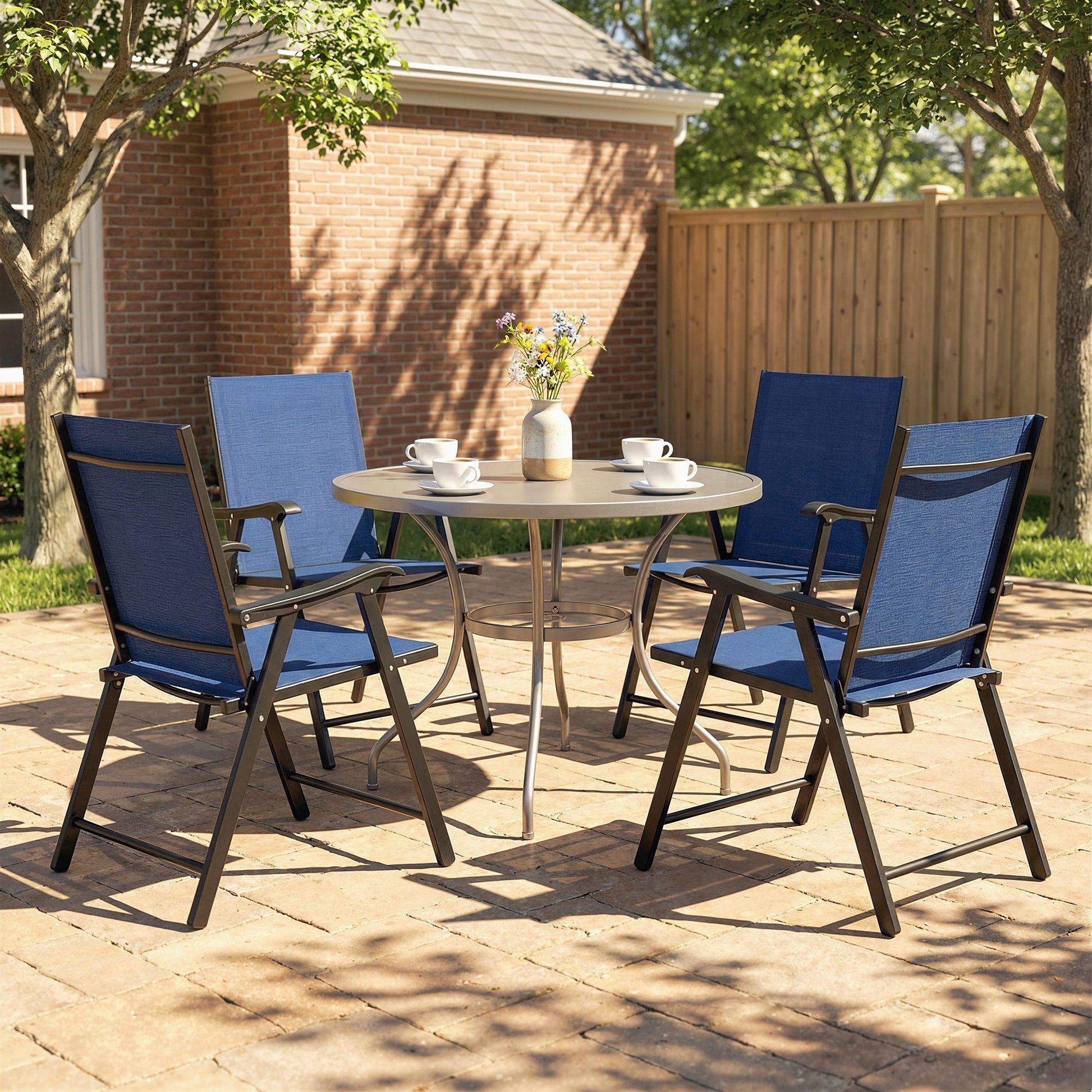 Folding Garden Chairs Set of 4, Foldable Garden Dining Chairs with High Back and Armrests, Breathable Texteline Folding Outdoor Chair Set with Metal Frame for Patio, Balcony, Navy Blue