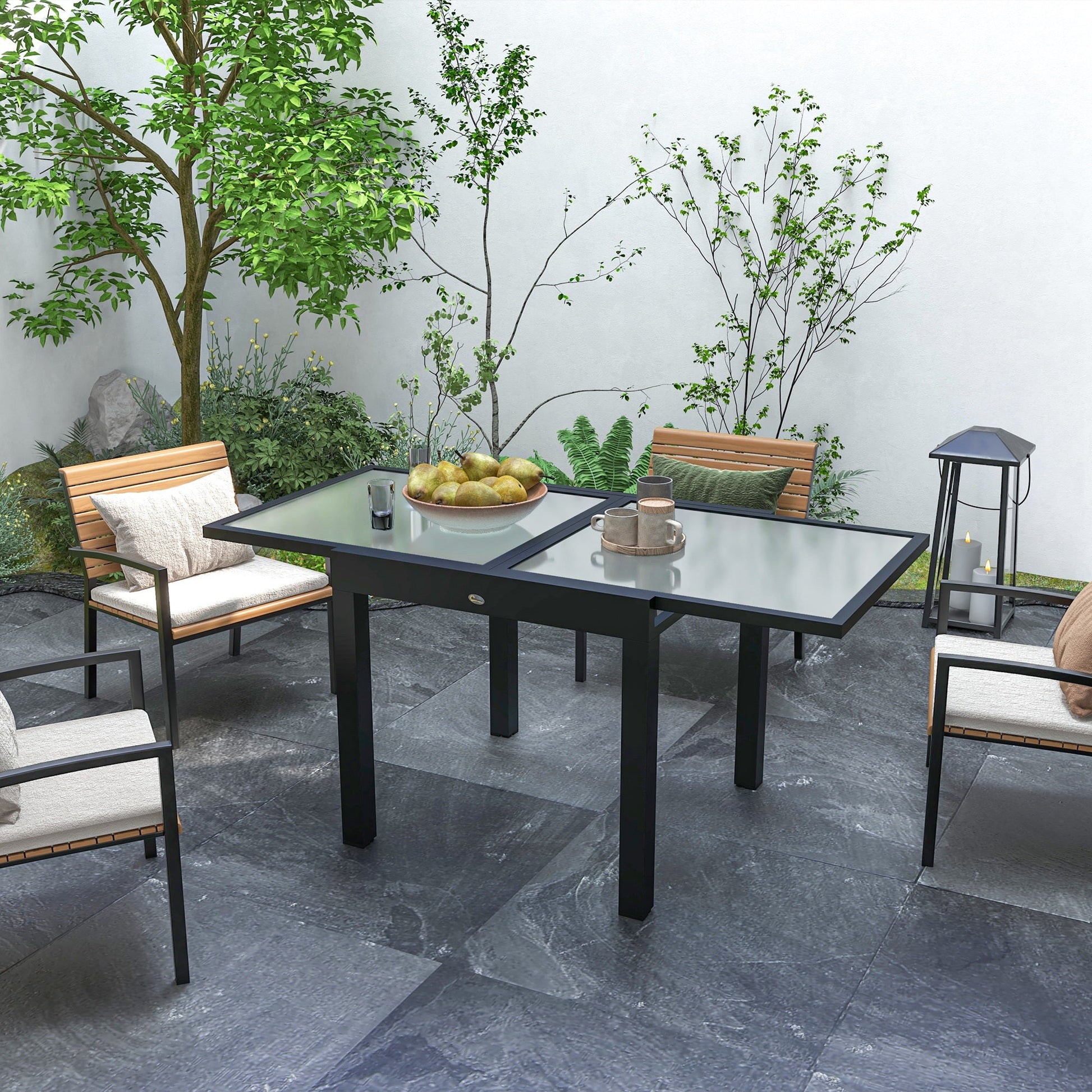 Extending Garden Table, Outdoor Dining Table with Aluminium Frame and Tempered Glass Tabletop, 80/160 x 80 x 75 cm, Black and Clear