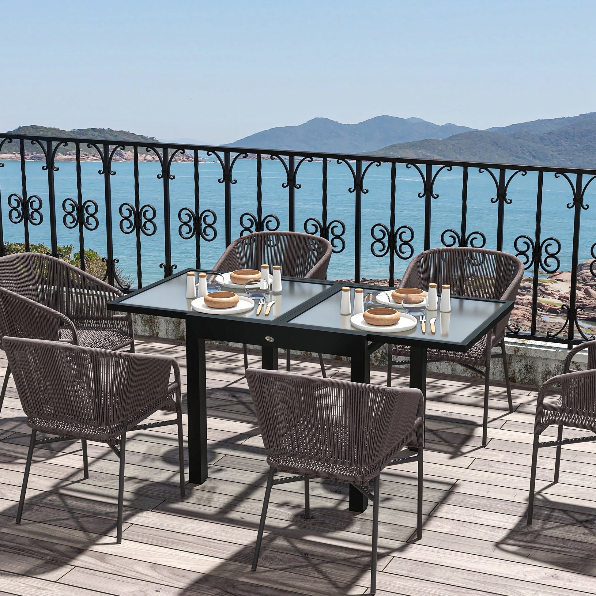 Extending Garden Table, Outdoor Dining Table with Aluminium Frame and Tempered Glass Tabletop, 80/160 x 80 x 75 cm, Black and Clear