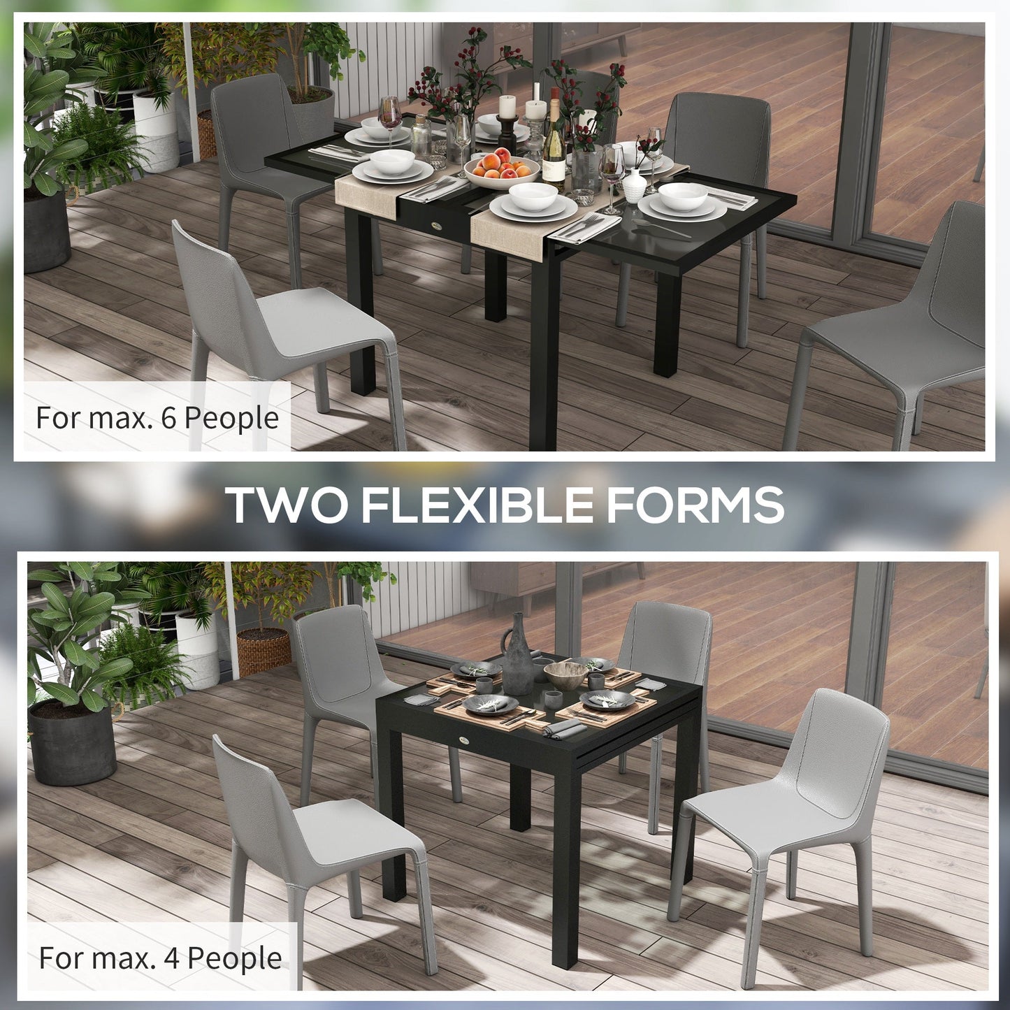 Extending Garden Table, Outdoor Dining Table with Aluminium Frame and Tempered Glass Tabletop, 80/160 x 80 x 75 cm, Black and Clear