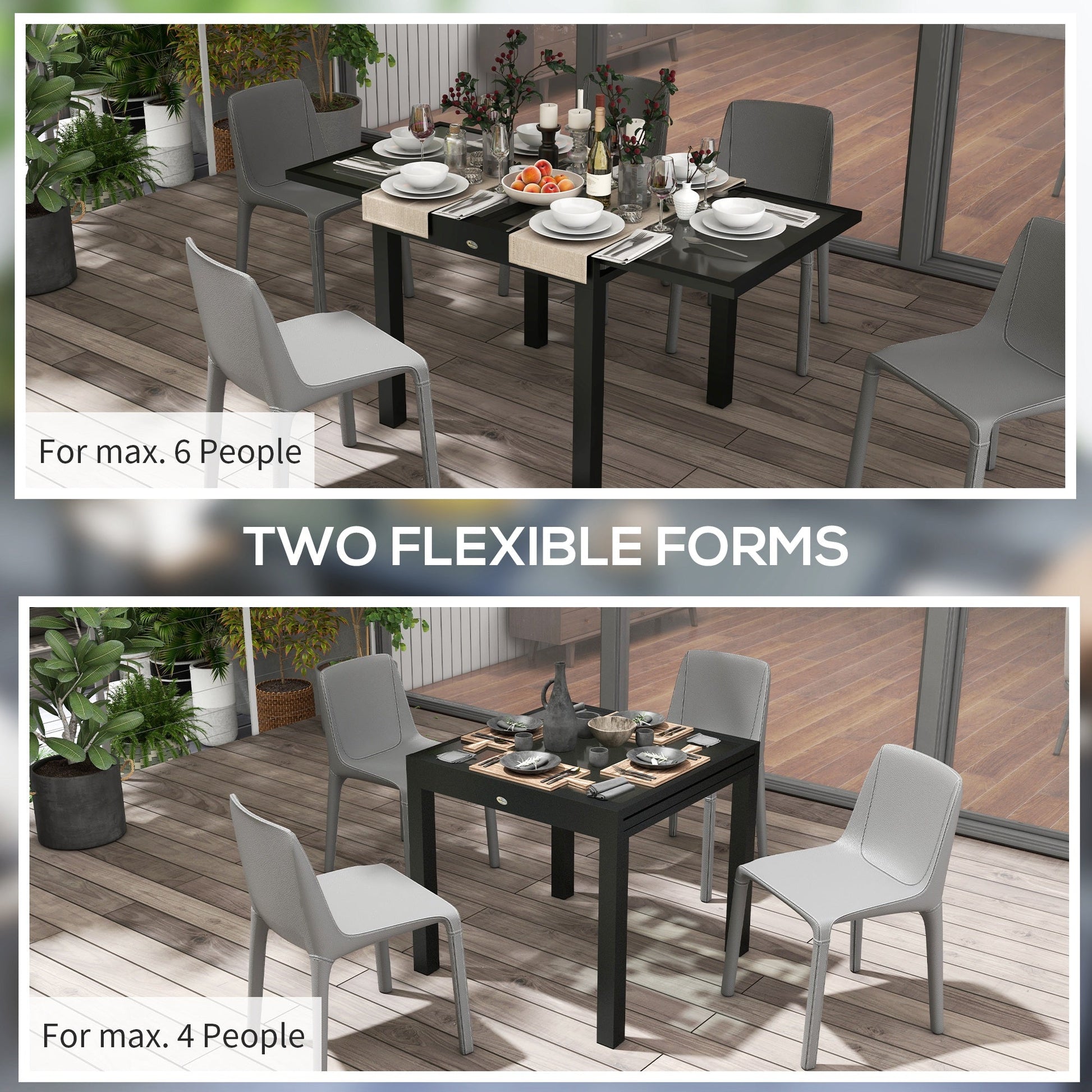 Extending Garden Table, Outdoor Dining Table with Aluminium Frame and Tempered Glass Tabletop, 80/160 x 80 x 75 cm, Black and Clear