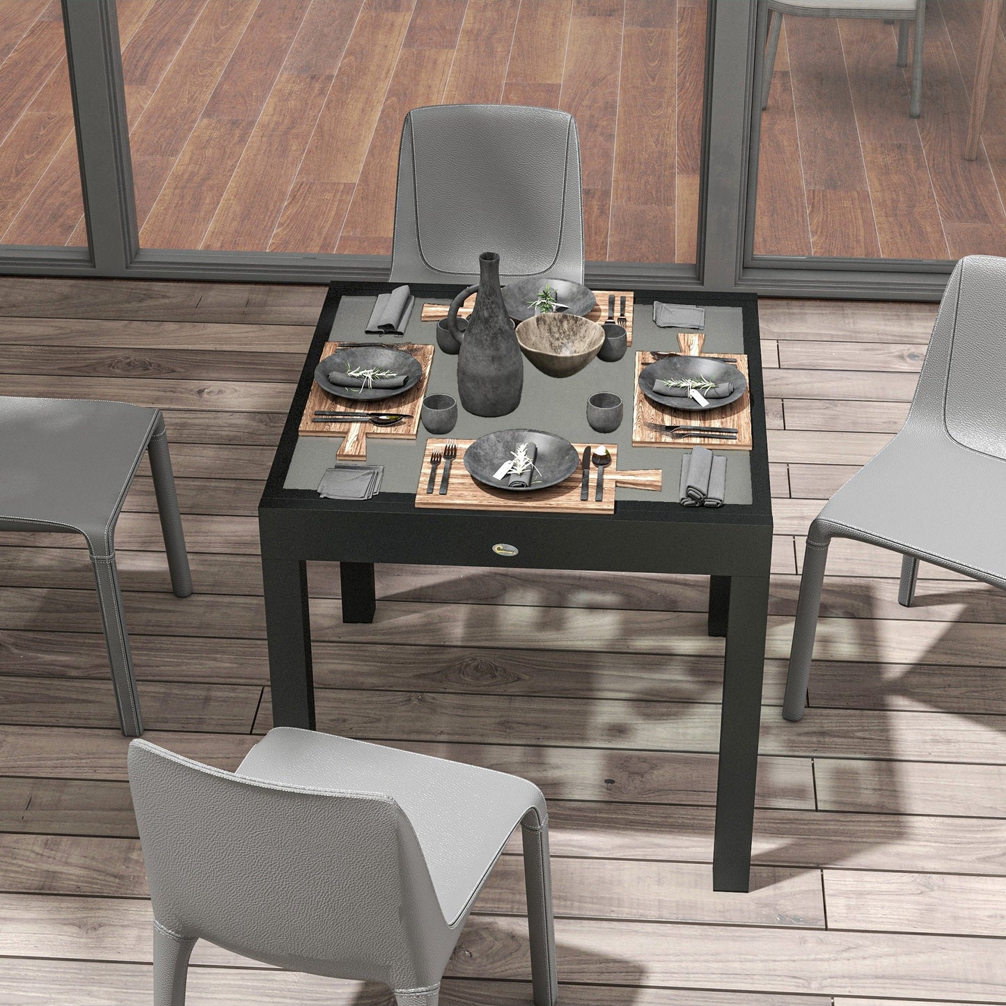 Extending Garden Table, Outdoor Dining Table with Aluminium Frame and Tempered Glass Tabletop, 80/160 x 80 x 75 cm, Black and Clear