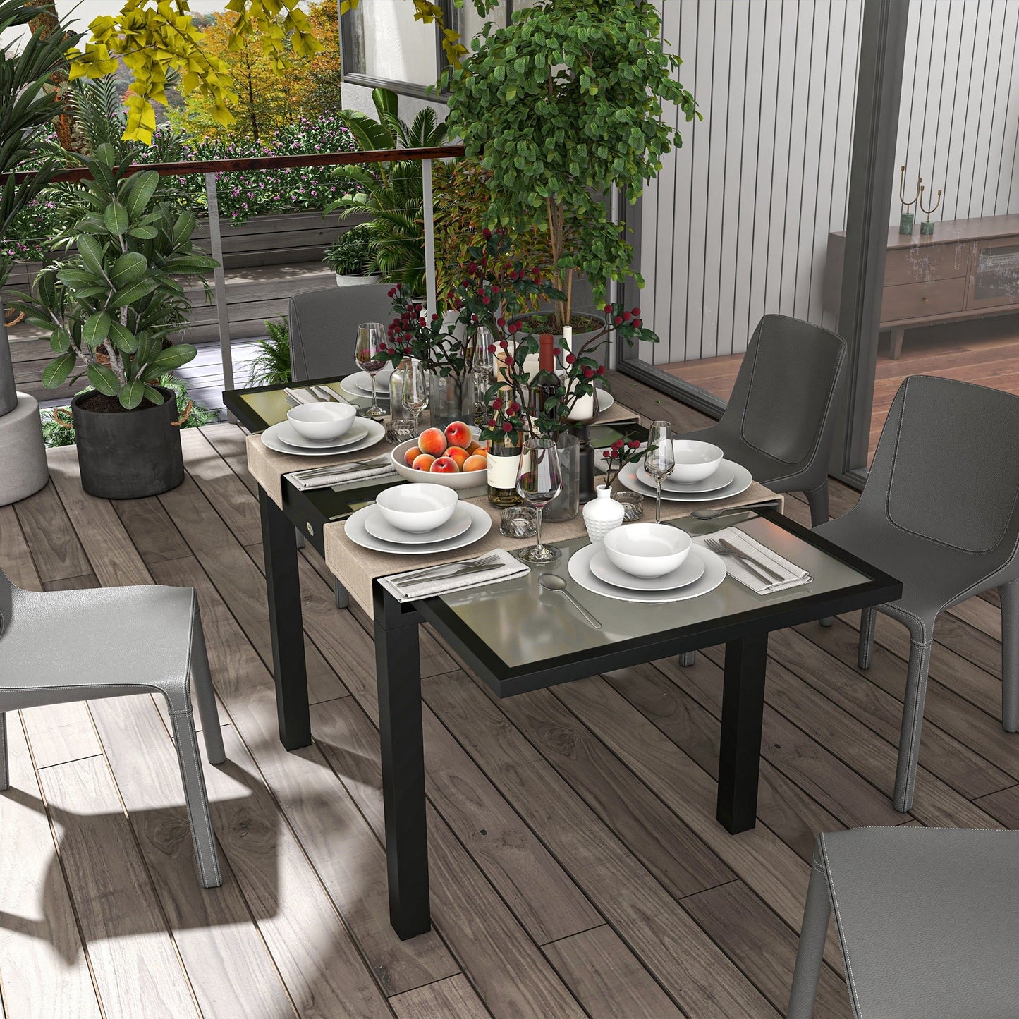 Extending Garden Table, Outdoor Dining Table with Aluminium Frame and Tempered Glass Tabletop, 80/160 x 80 x 75 cm, Black and Clear