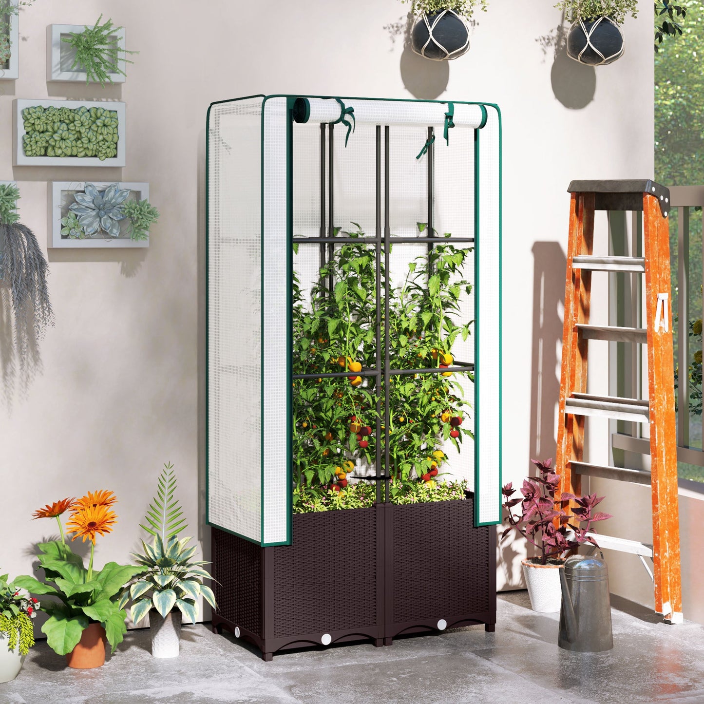 Raised Garden Bed with Trellis, Plastic Planter Box with PE Cover, Drainage Holes and Drain Plugs for Climbing Plants, Vegetables, Flowers, 80 x 40 x 140 cm