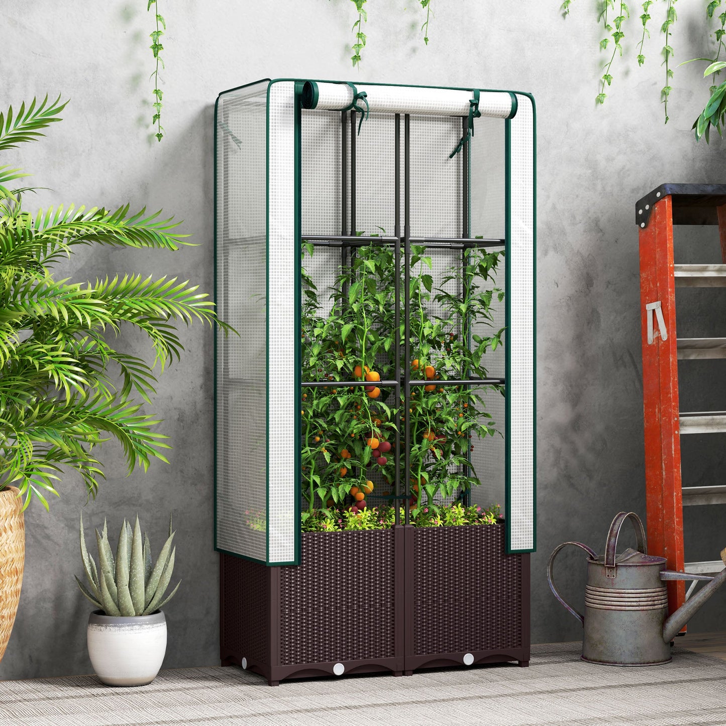 Raised Garden Bed with Trellis, Plastic Planter Box with PE Cover, Drainage Holes and Drain Plugs for Climbing Plants, Vegetables, Flowers, 80 x 40 x 140 cm