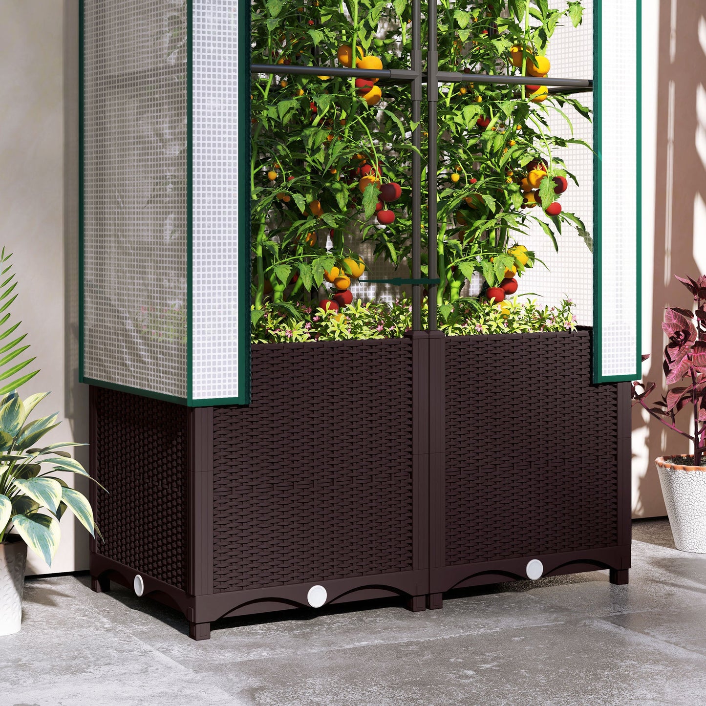 Raised Garden Bed with Trellis, Plastic Planter Box with PE Cover, Drainage Holes and Drain Plugs for Climbing Plants, Vegetables, Flowers, 80 x 40 x 140 cm