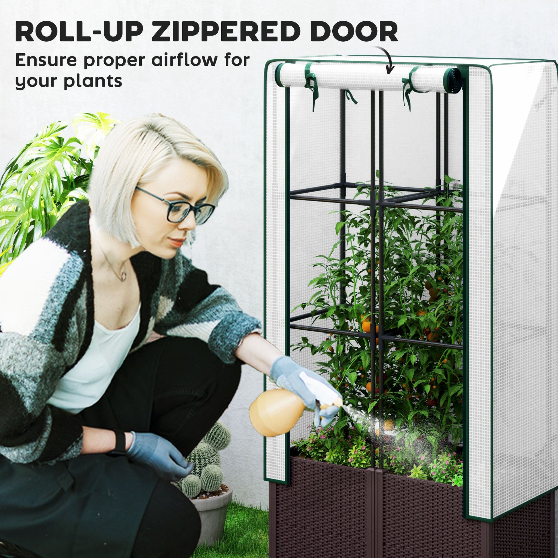 Raised Garden Bed with Trellis, Plastic Planter Box with PE Cover, Drainage Holes and Drain Plugs for Climbing Plants, Vegetables, Flowers, 80 x 40 x 140 cm