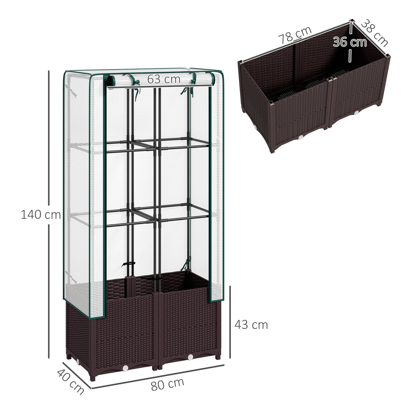 Raised Garden Bed with Trellis, Plastic Planter Box with PE Cover, Drainage Holes and Drain Plugs for Climbing Plants, Vegetables, Flowers, 80 x 40 x 140 cm