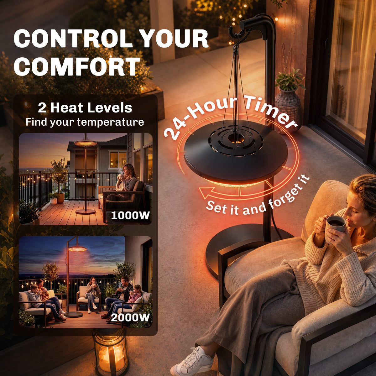 Hanging Electric Patio Heater with LED Light, 1000/2000 W IP65 Waterproof Ceiling Mounted Outdoor Infrared Heater with Touch/Remote Control, 24-Hour Timer, Black
