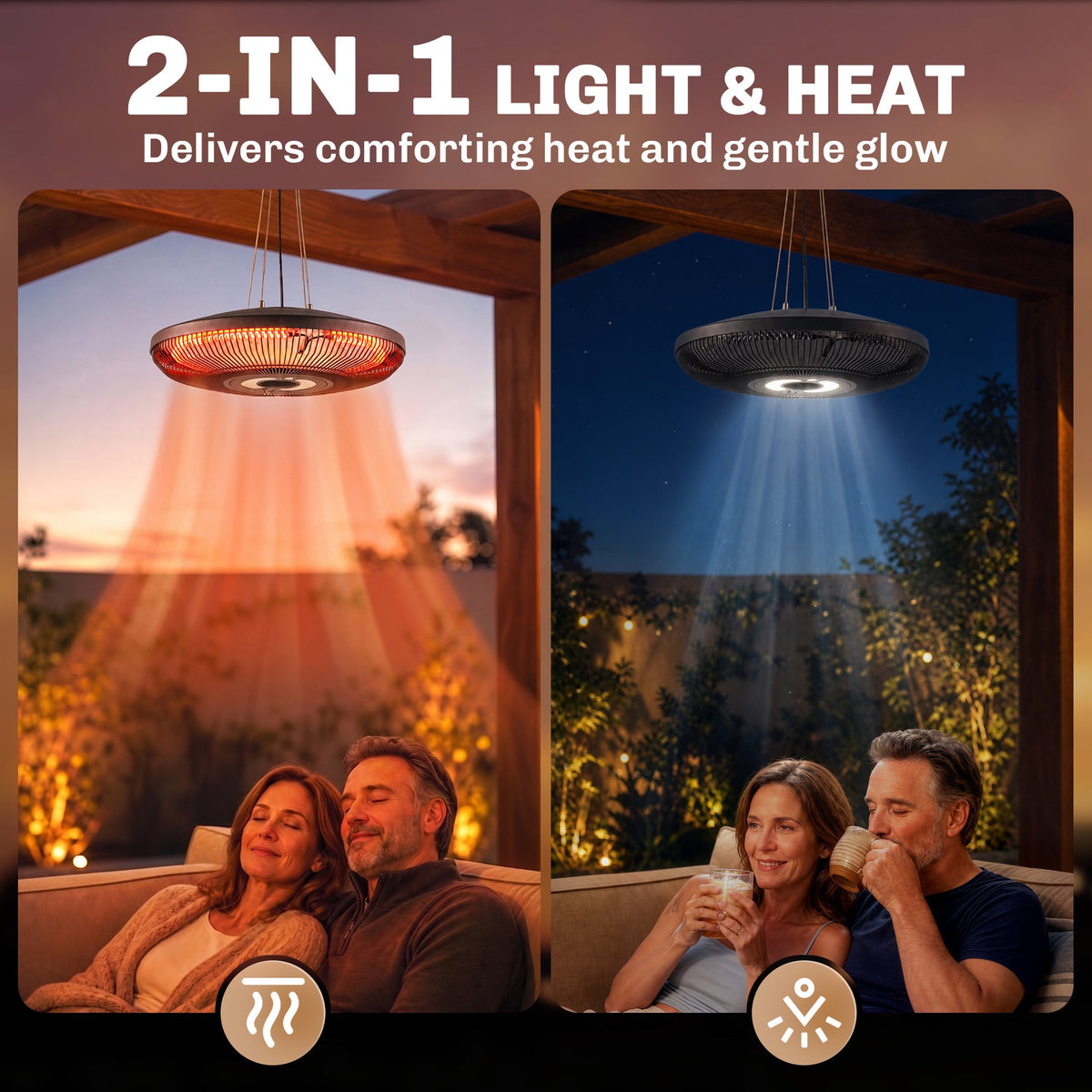 Hanging Electric Patio Heater with LED Light, 1000/2000 W IP65 Waterproof Ceiling Mounted Outdoor Infrared Heater with Touch/Remote Control, 24-Hour Timer, Black
