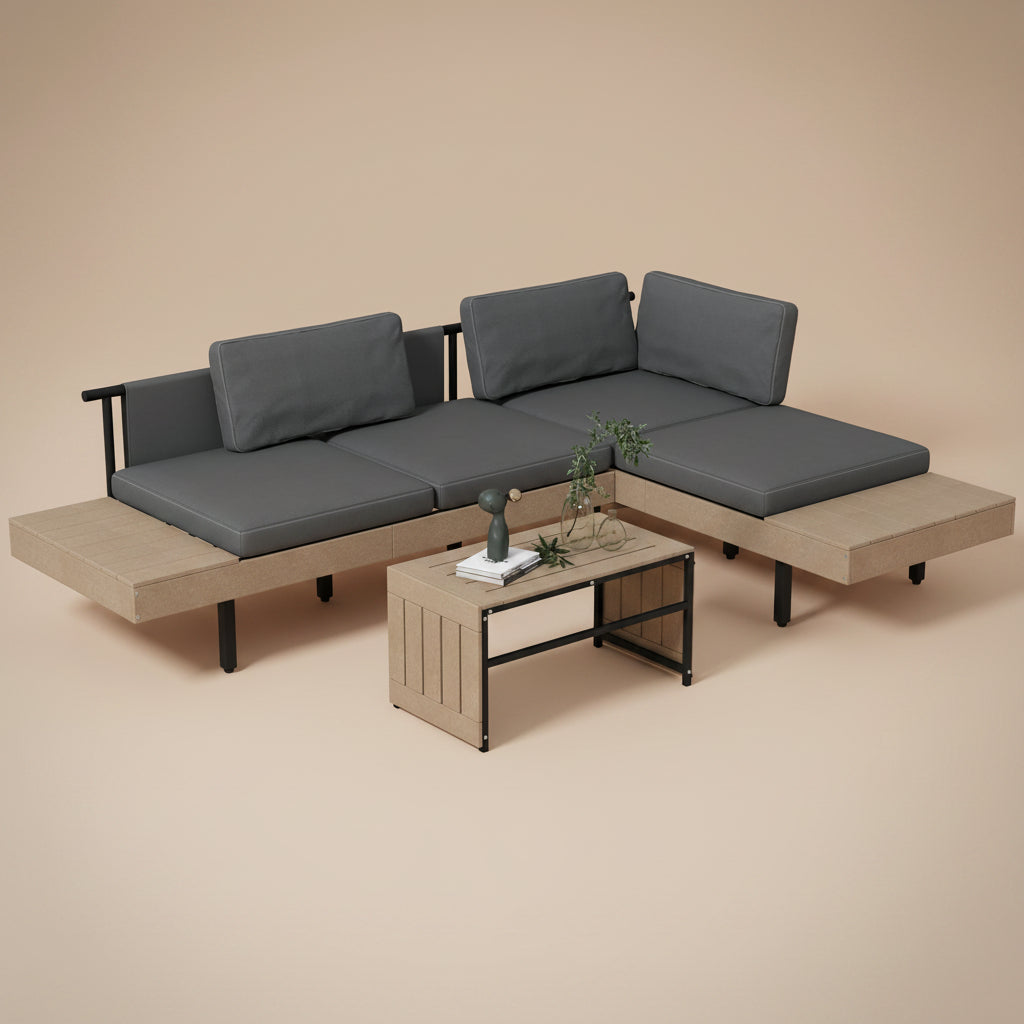 3 Pieces Garden Furniture Set, L Shaped 4 Seater Corner Sofa Set with Table and Cushions, HDPE, Outdoor Patio Sofa Set for Patio, Grey