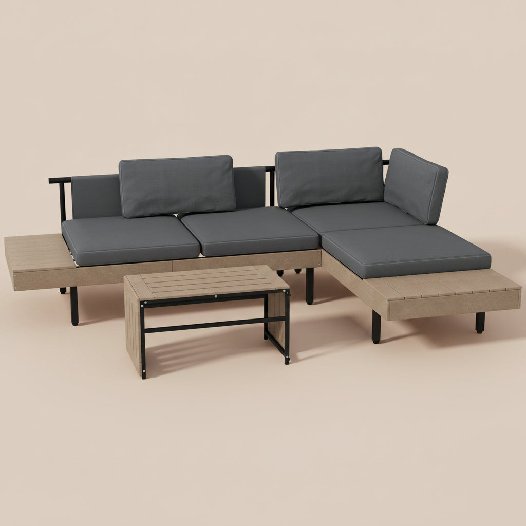 3 Pieces Garden Furniture Set, L Shaped 4 Seater Corner Sofa Set with Table and Cushions, HDPE, Outdoor Patio Sofa Set for Patio, Grey