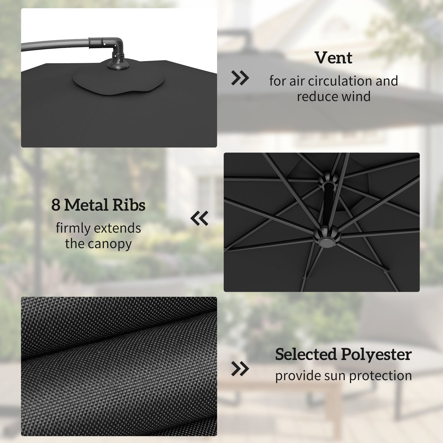 3 m Cantilever Parasol with Umbrella Weights, Cross Base, Offset Outdoor Umbrella with Protective Cover, Crank Handle, Hanging Sun Shade, Black