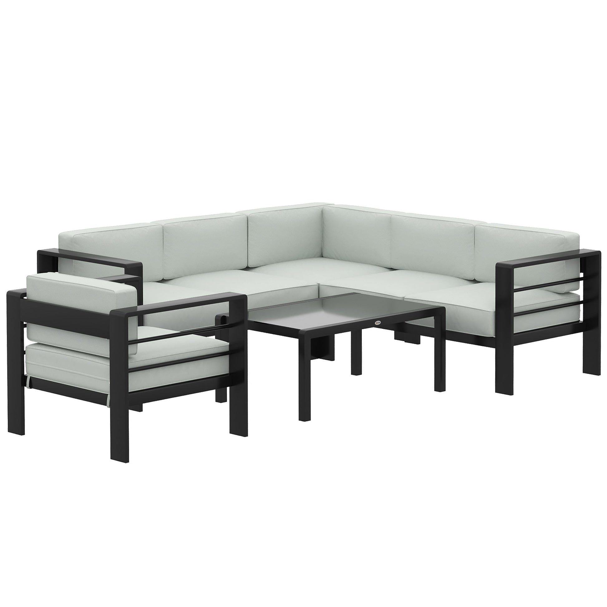 5-Piece Garden Corner Sofa Set with Cushions, 6 Seater Aluminium Garden Furniture Set with Glass Top Coffee Table, Patio Sectional Conservatory Furniture for Patio & Terrace, Light Grey