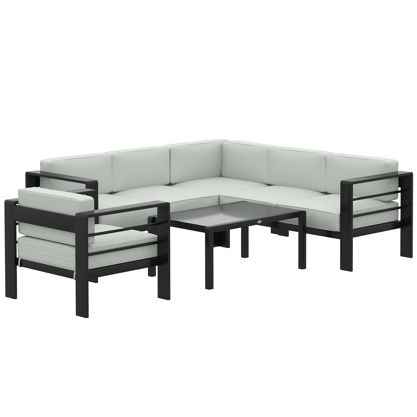 5-Piece Garden Corner Sofa Set with Cushions, 6 Seater Aluminium Garden Furniture Set with Glass Top Coffee Table, Patio Sectional Conservatory Furniture for Patio & Terrace, Light Grey