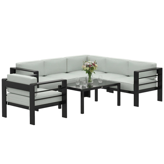 5-Piece Garden Corner Sofa Set with Cushions, 6 Seater Aluminium Garden Furniture Set with Glass Top Coffee Table, Patio Sectional Conservatory Furniture for Patio & Terrace, Light Grey