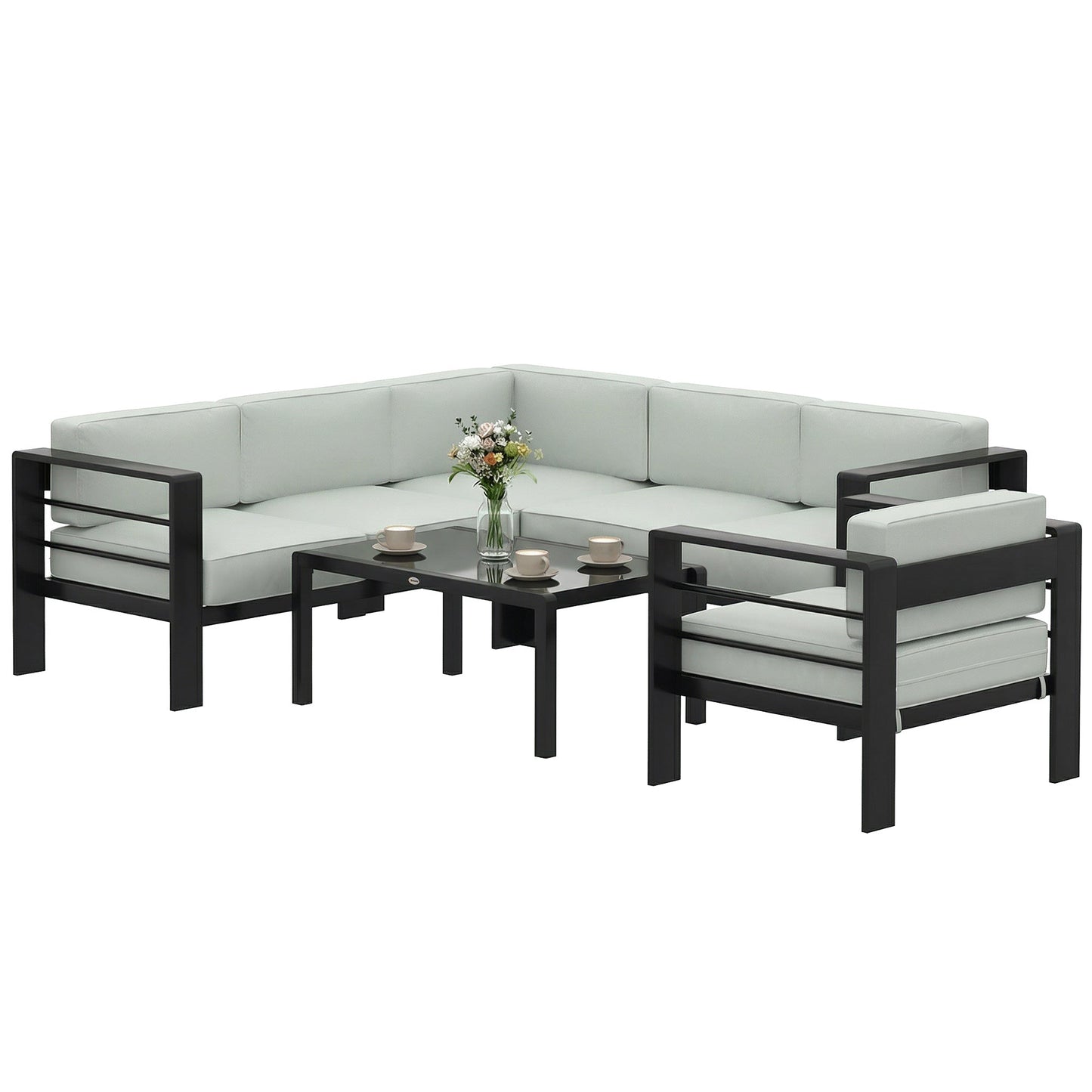 5-Piece Garden Corner Sofa Set with Cushions, 6 Seater Aluminium Garden Furniture Set with Glass Top Coffee Table, Patio Sectional Conservatory Furniture for Patio & Terrace, Light Grey