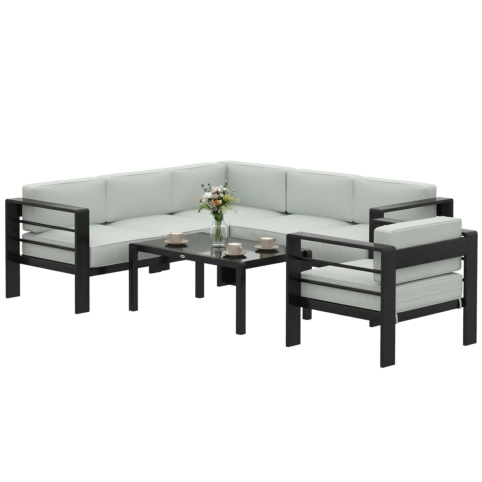 5-Piece Garden Corner Sofa Set with Cushions, 6 Seater Aluminium Garden Furniture Set with Glass Top Coffee Table, Patio Sectional Conservatory Furniture for Patio & Terrace, Light Grey